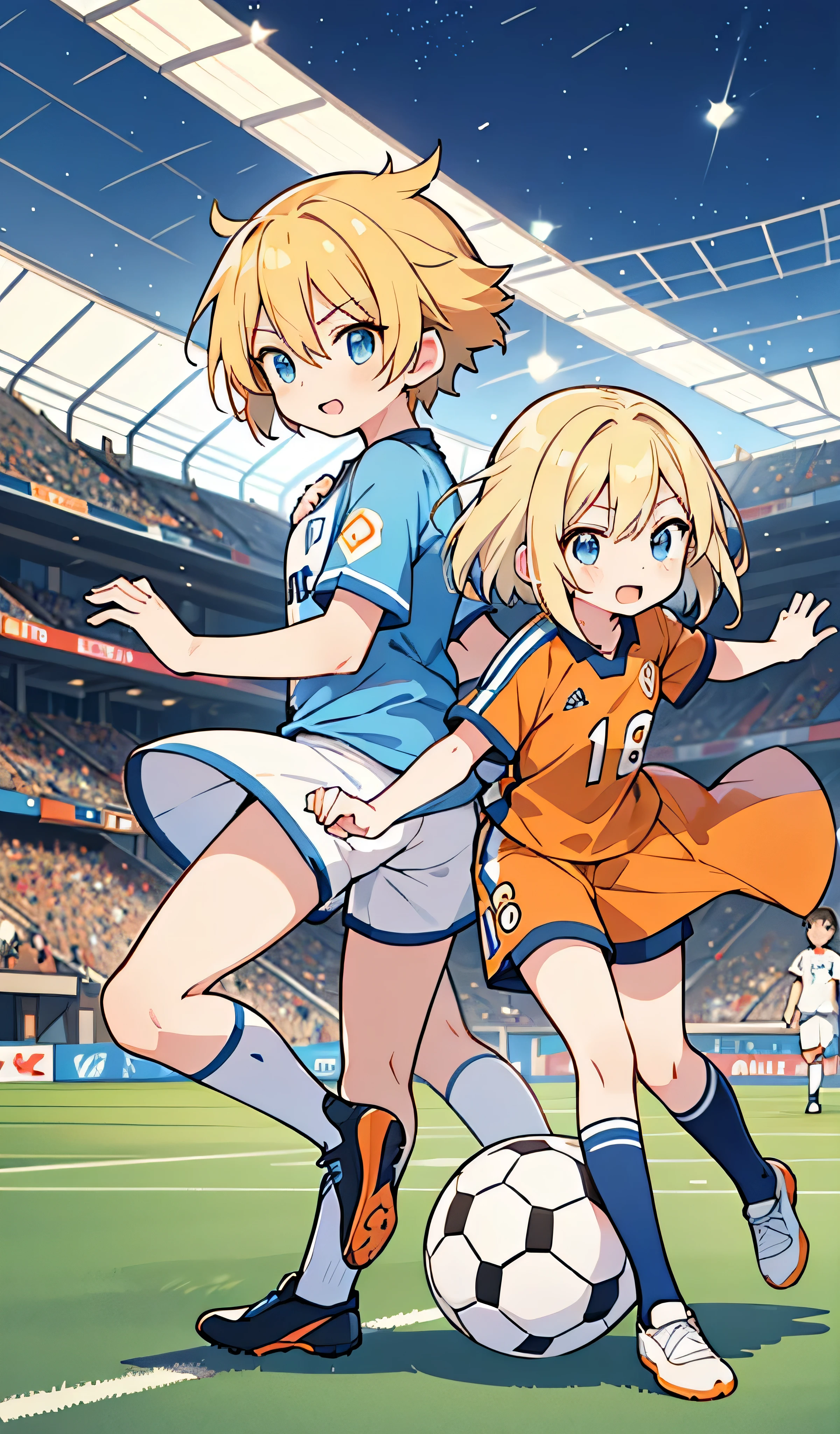 Pretty, cute  anime girl, orange soccer jersey, medium length blonde hair, and, a young tall handsome anime boy, light blue and white soccer jersey, with medium length light blue hair, playing against each other on a soccer field, lots of details,