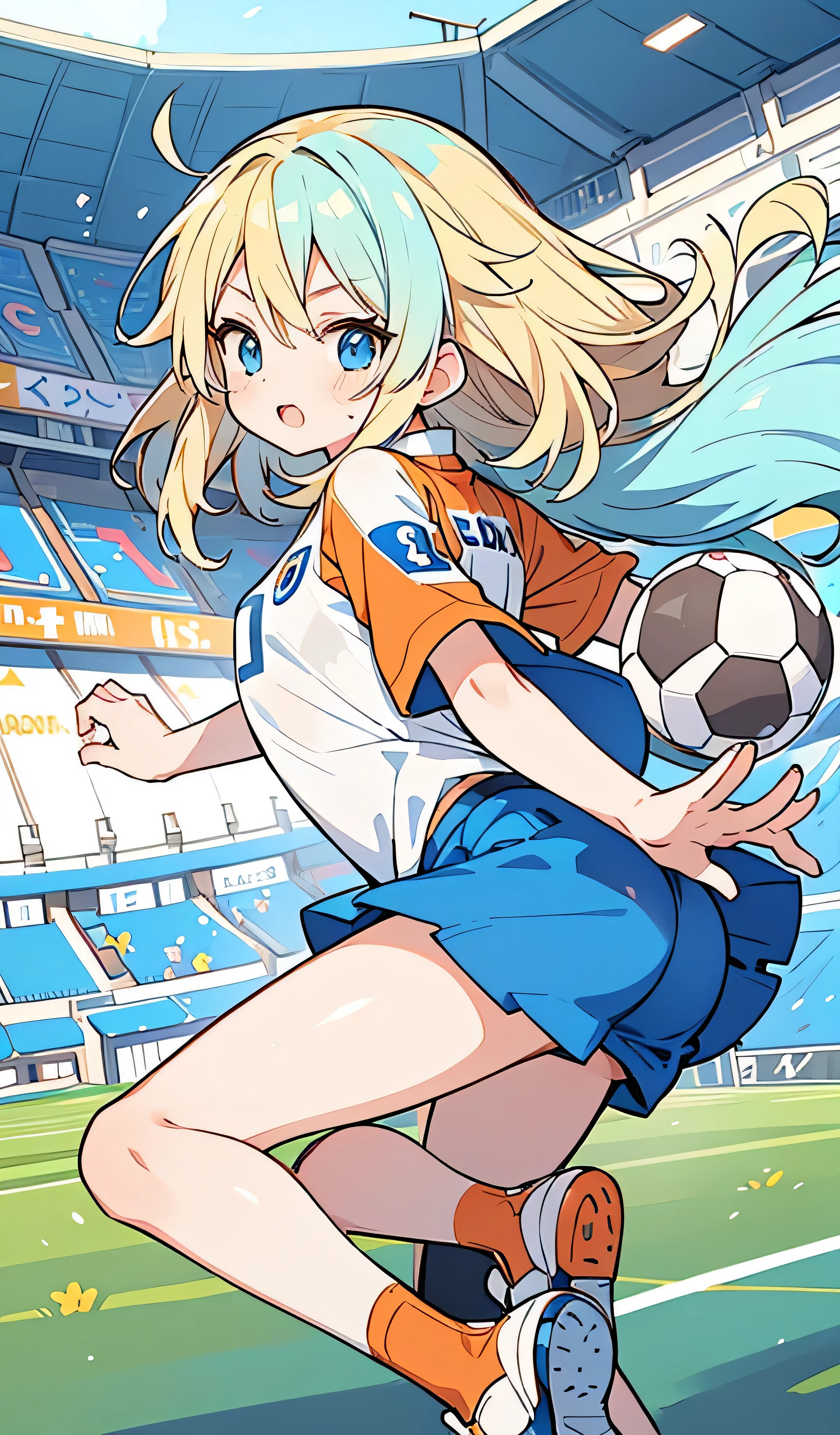 Pretty, cute little anime girl, orange soccer jersey, medium length blonde hair, and, a young tall handsome anime boy, light blue and white soccer jersey, with medium length light blue hair, playing against each other on a soccer field, lots of details,