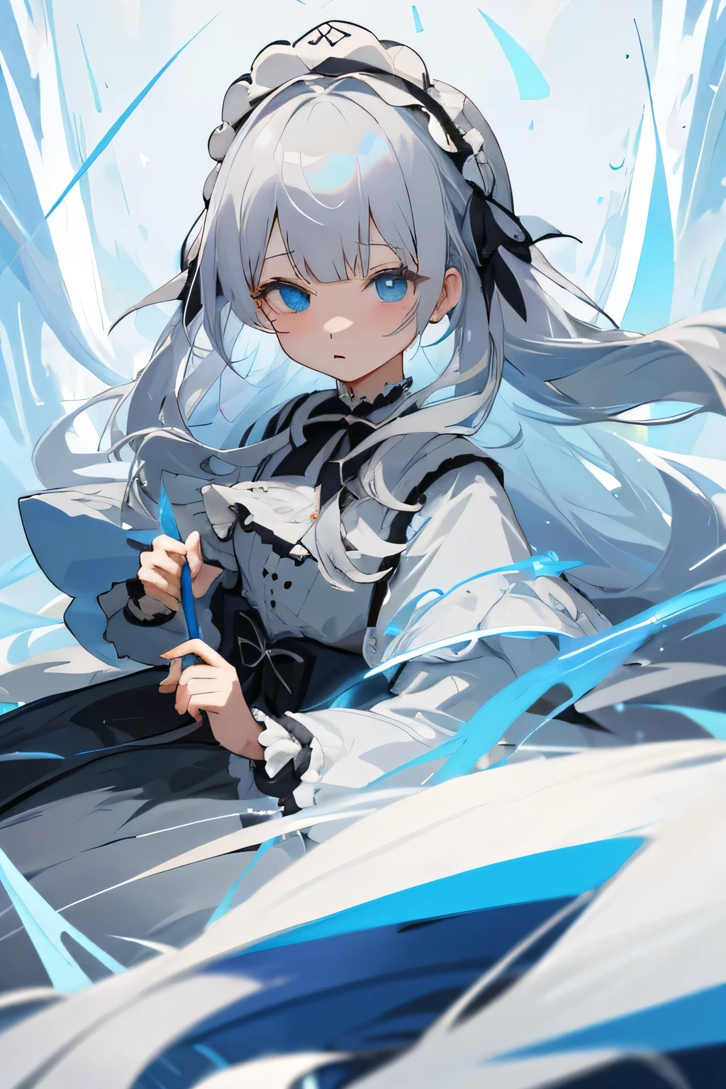 Gray-haired half twin、Patsun bangs、long hair、black and light blue ta、light blue eyes、Drooping eyes、wizard