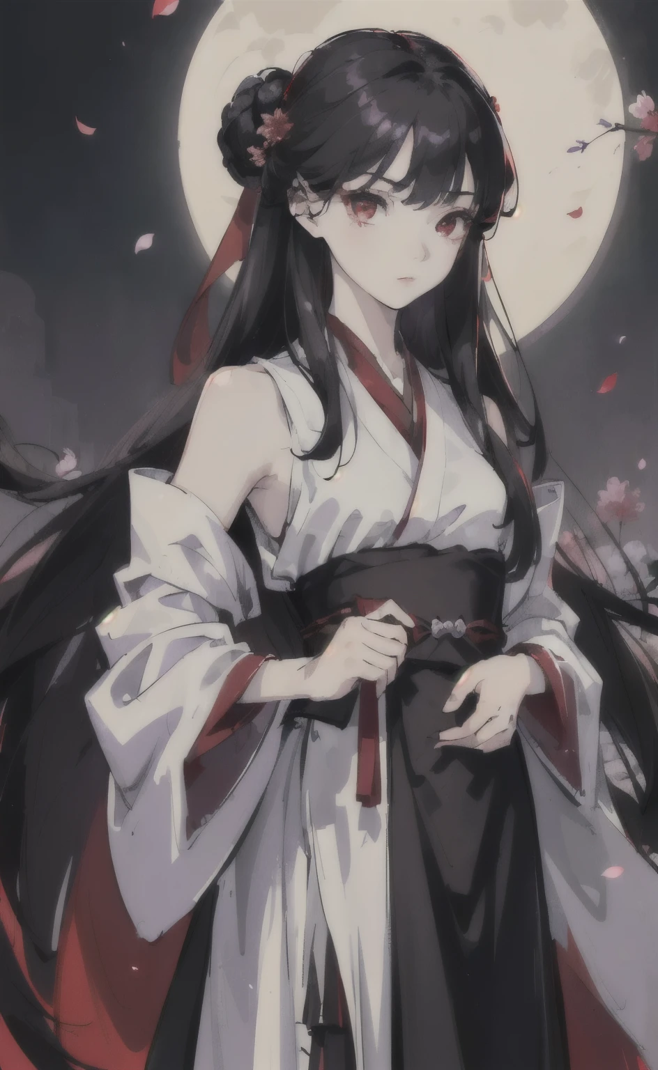 (girl:1.5),race,ribbon,Hanfu,(masterpiece, side lighting, Beautiful dark red eyes with fine detailing: 1.2), masterpiece, realistic, shining eyes,shiny hair,black hair,long hair, Glossy and glossy skin, alone, embarrassing,No shoulder strap,exquisite,Be cute,garden,flowers,flying petals,purple rock