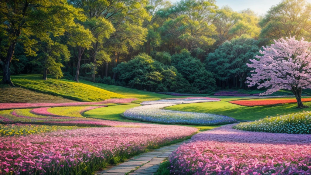 (highres,professional,photorealistic) field of flowers on a spring morning, colorful blooms, vibrant petals, gentle sunlight, soft breeze, dew drops glistening, fresh green grass, peaceful setting, breathtaking landscape, endless rows of flowers, bees buzzing around, birds chirping, stunning natural beauty, tranquil atmosphere, a touch of romance, soothing and rejuvenating, perfect harmony between nature and man-made art, delicate details, impeccable composition, professional lighting techniques, capturing the essence of spring, vibrant colors, lifelike textures, inviting and captivating, ethereal and dreamlike ambiance, immersive experience, natural symphony of sights and sounds