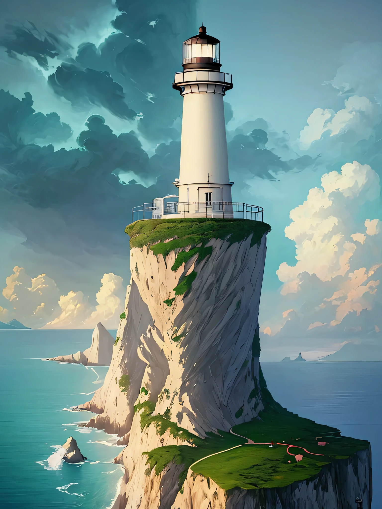 a painting of a lighthouse on a cliff overlooking the ocean, ross tran. scenic background, lighthouse, beautiful anime scenery, scenery artwork, light house, beautiful digital painting, by Andreas Rocha, a beautiful artwork illustration, amazing wallpaper, by Raymond Han, beautiful painting of a tall, studio glibly makoto shinkai, beautiful wallpaper, anime scenery