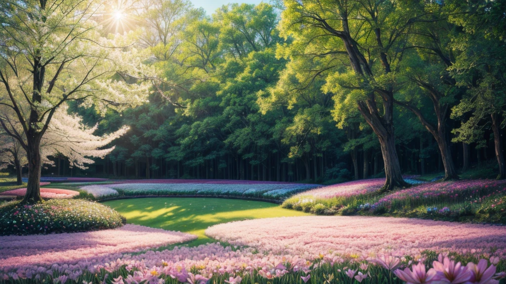 (highres,professional,photorealistic) field of flowers on a spring morning, colorful blooms, vibrant petals, gentle sunlight, soft breeze, dew drops glistening, fresh green grass, peaceful setting, breathtaking landscape, endless rows of flowers, bees buzzing around, birds chirping, stunning natural beauty, tranquil atmosphere, a touch of romance, soothing and rejuvenating, perfect harmony between nature and man-made art, delicate details, impeccable composition, professional lighting techniques, capturing the essence of spring, vibrant colors, lifelike textures, inviting and captivating, ethereal and dreamlike ambiance, immersive experience, natural symphony of sights and sounds