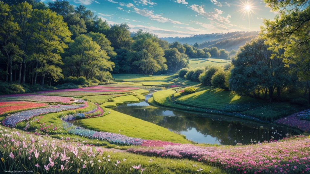 (highres,professional,photorealistic) field of flowers on a spring morning, colorful blooms, vibrant petals, gentle sunlight, soft breeze, dew drops glistening, fresh green grass, peaceful setting, breathtaking landscape, endless rows of flowers, bees buzzing around, birds chirping, stunning natural beauty, tranquil atmosphere, a touch of romance, soothing and rejuvenating, perfect harmony between nature and man-made art, delicate details, impeccable composition, professional lighting techniques, capturing the essence of spring, vibrant colors, lifelike textures, inviting and captivating, ethereal and dreamlike ambiance, immersive experience, natural symphony of sights and sounds