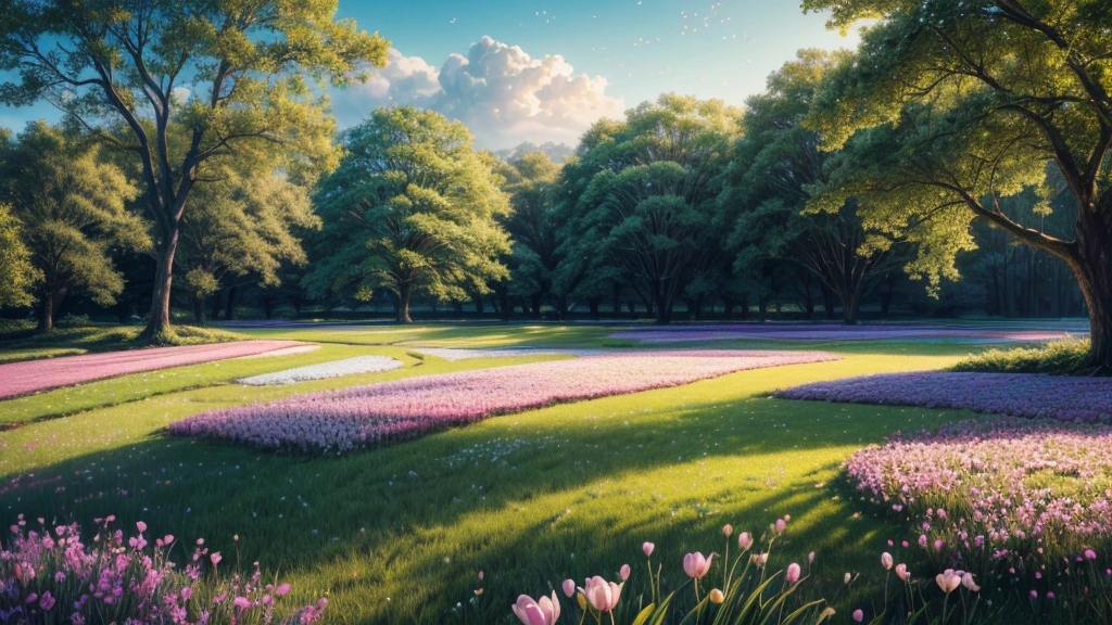 (highres,professional,photorealistic) field of flowers on a spring morning, colorful blooms, vibrant petals, gentle sunlight, soft breeze, dew drops glistening, fresh green grass, peaceful setting, breathtaking landscape, endless rows of flowers, bees buzzing around, birds chirping, stunning natural beauty, tranquil atmosphere, a touch of romance, soothing and rejuvenating, perfect harmony between nature and man-made art, delicate details, impeccable composition, professional lighting techniques, capturing the essence of spring, vibrant colors, lifelike textures, inviting and captivating, ethereal and dreamlike ambiance, immersive experience, natural symphony of sights and sounds