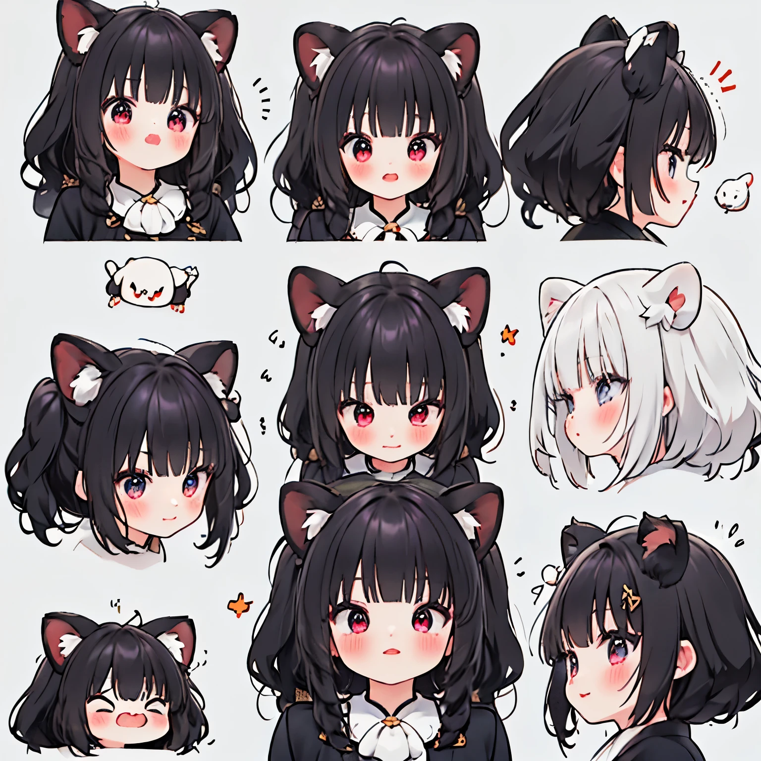 (9 emojis，hoja de emojis de，Alinear arreglo)，9 poses y expresiones（se aflige，asombro，having fun，regocijado，gran risa，enojado，duda，Toca tu cabeza，Sell more, esperar），Fondo de pantalla CG unificado 8k extremadamente detallado, Fondo de pantalla 8KCG muy fino., absurdo， ，Mejor calidad ，ultra-detallado ，hermoso rostro  ，obra maestra、Pantalla de cabeza a cintura、chica、de primera calidad(obra maestra), de primera calidad, ,((long hair slightly wavy slightly past the shoulders, black bangs, small black pigtails on the sides, cute cat ears, beautiful thin red eyes)),、kawaii
