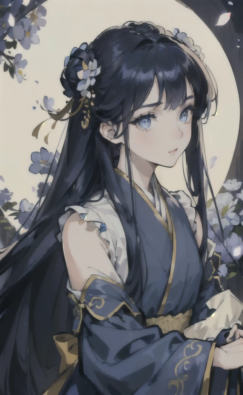 (girl:1.5),race,ribbon,Hanfu,(masterpiece, side lighting, Beautiful dark blue eyes with finely detailed details: 1.2), masterpiece, realistic, shining eyes,shiny hair,dark blue hair,long hair, Glossy and glossy skin, alone, embarrassing,No shoulder strap,exquisite,Be cute,garden,flowers,flying petals,
