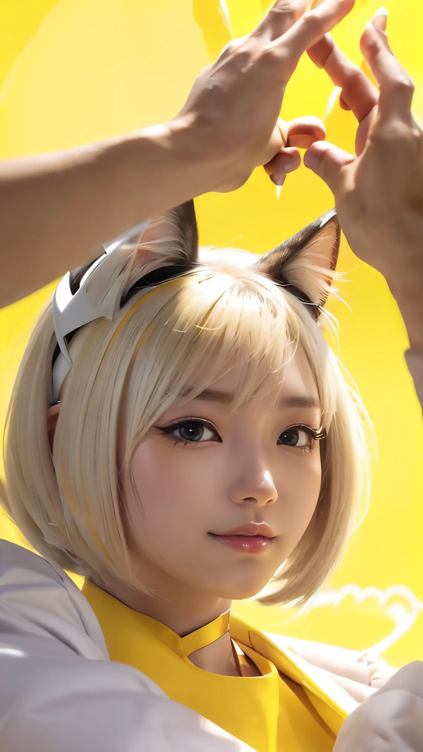 masterpiece, 4k, Bokeh, beautiful face, Harem, (multiple girls:1.4), (Group Photo:1.5), (Cat ears:1.3), (white bob hair:1.3) , looking at the viewer, cowboy shot, holding many cats in both hands, (Yellow background :1.4), closeup, (high five:1.6)