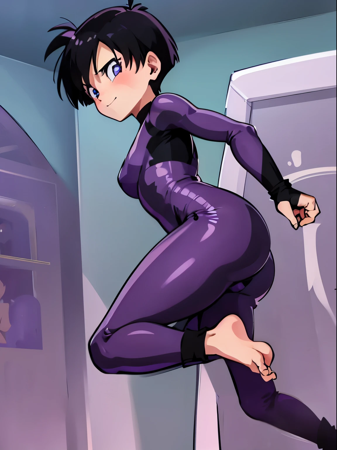 videl,1 girl,Alone,black hair,blue eyes,((bright purple tight suit,:1.5)),barefoot,big breasts,smile,blush,Research room,bare hands,Highest image quality,highest quality,Standing,back view,butt,buttを視聴者に見せる,back,((one :1.4)),full body figure