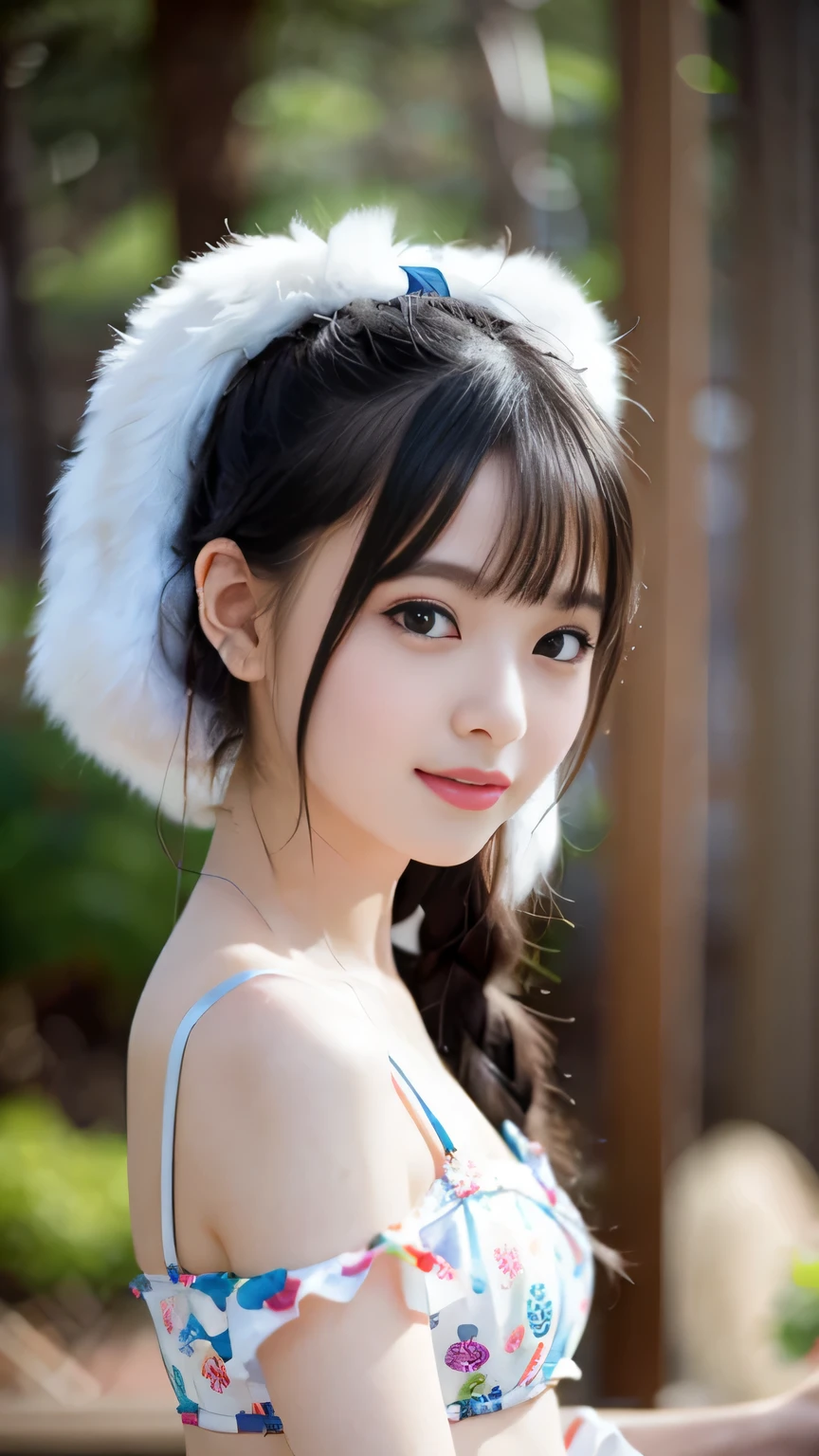 17 years old、pubic hair、(bra)、(small breasts),whole body、smile、(highest quality,8k,overwhelmingly beautiful:1.2)、(cute japanese girl:1.8、perfect gravure idol),