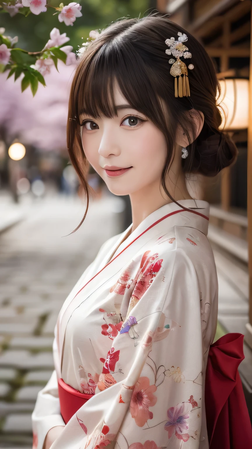In a futuristic scene, Mechanically enhanced Japanese geisha、Elegant in an elaborate garden. She has beautifully detailed eyes and lips that complement her face. Geishas wear traditional kimonos with intricate patterns and designs.。.。. Around her are bright cherry blossoms and a quiet carp pond. The scenes are drawn using a combination of illustration and photorealism, cherry blossoms吹雪,Highly detailed brush strokes and sharpness, bright colors. Lighting that highlights the graceful figure of a geisha, Gives your skin a soft porcelain-like glow。. Artwork is of the highest quality, Displaying the exquisite details of geisha costumes, cherry blossoms, With sparkling carp scales. The overall color scheme is、、、traditional Japanese color combinations, crimson, hang on., black people, With subtle gold accents, with a futuristic twist. Fusion of ancient tradition and modern technology、、Create mesmerizing and visually impressive masterpieces.The background is a traditional Japanese design in bright red and white.、random pose、I'm smiling