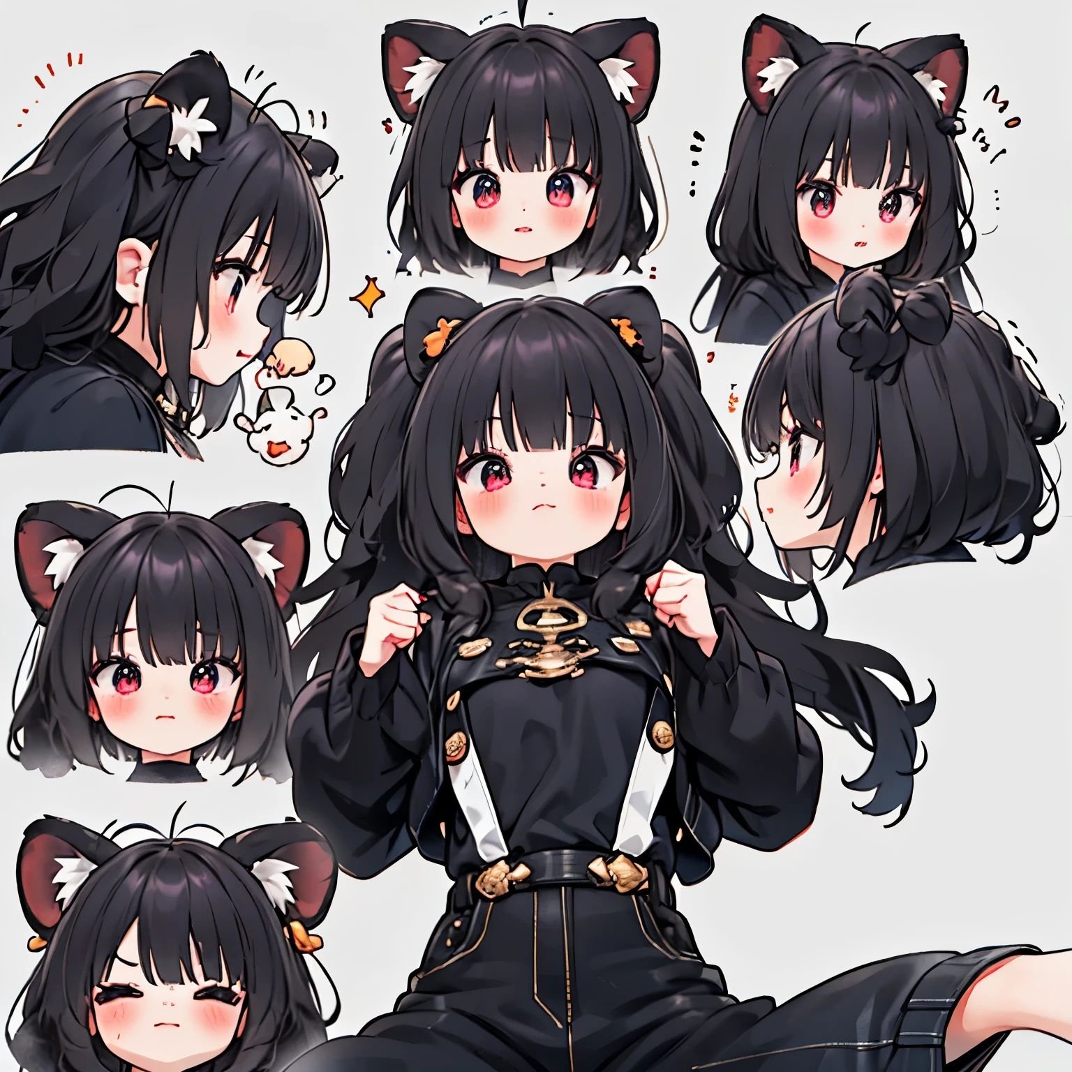 (9 emojis,hoja de emojis de,Alinear arreglo),9 poses y expresiones(se aflige,asombro,having fun,regocijado,gran risa,enojado,duda,Toca tu cabeza,Sell more, esperar),Fondo de pantalla CG unificado 8k extremadamente detallado, Fondo de pantalla 8KCG muy fino., absurdo, ,Mejor calidad ,ultra-detallado ,hermoso rostro ,obra maestra、Pantalla de cabeza a cintura、chica、de primera calidad(obra maestra), de primera calidad, ,((long hair slightly wavy slightly past the shoulders, black bangs, small black pigtails on the sides, cute cat ears, beautiful thin red eyes)),、kawaii