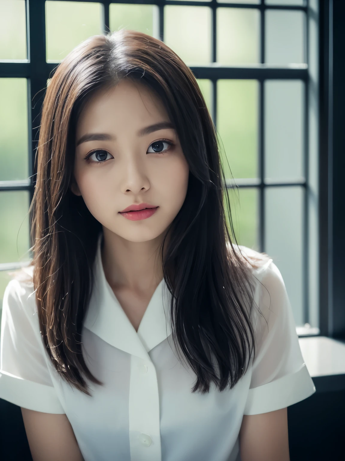 (Mouth open:1.6) (The eyes are narrowed:1.6) (She is facing forward:1.2) (Face close-up:1.3) (Professional photographer taking pictures with a single-lens reflex camera 8K) ((Her bangs are very neatly cut and reach down to her eyes.)) (Her hair is parted in the center) (Her hair is very shiny and glossy, Are you okay, thick, silky, And incredibly straight medium-long hair) ((highest quality)), ((masterpiece)), (Familiar), Perfect Face (Surreal photos by professional photographers) (She has a typical Japanese build and skin color., Her skin is very delicate and sensitive.、And such beautiful glowing skin) (Her face is long, Small eyes and small nose.、Narrow-mouthed And the most beautiful) (She is one of the most beautiful 18-year-old Japanese high school girls in Japan..) (She has a professional and ladylike makeup:1.2 Lipstick is natural red The eyeliner is a beautiful black) (She is wearing a beautiful white silk dress. :1.2) (This is a luxury hotel room..) (And get used to it) (She is staring at your genitals with a naughty look on her face.:1.4) (Her face is so sensual and beautiful) double eyelid Beautiful woman:1.4 ((She is sitting upright)) Beautifully detailed face 8k, ,(Actual, Vibrant:1.4), 8k, Photorealistic, RAW Photos, Best image quality: 1.4) Pay attention to the details