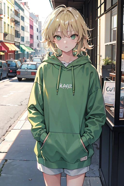 messy hair, blonde hair, green eyes, hoodie, standing, Sleeping, Fair skin, outdoors, cafe, looking at viewer, 1990s (style), --niji 5 --ar 2:3