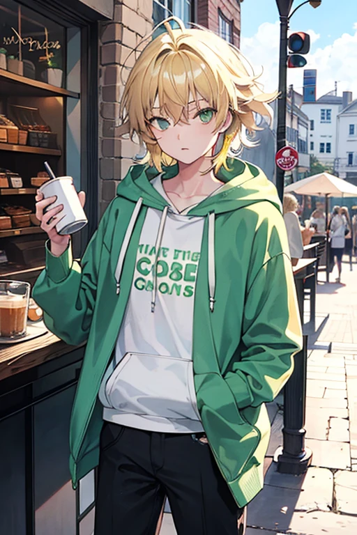 messy hair, blonde hair, green eyes, hoodie, standing, Sleeping, Fair skin, outdoors, cafe, looking at viewer, 1990s (style), --niji 5  --ar 2:3
