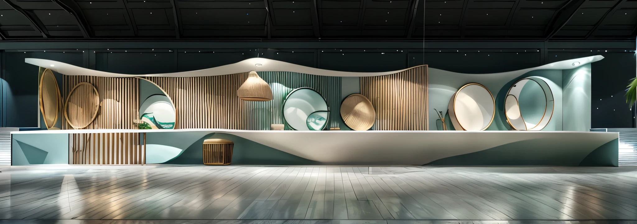 chinese booth 3d rendering, o keremeanu national festival, white walls, blue-green tones, round glass windows, traditional maori design, chinese hanging, brand logo, minimal chinese panels, ocean waves, rendered in cinema4d, miwa komatsu, print ads, high contrast shadows