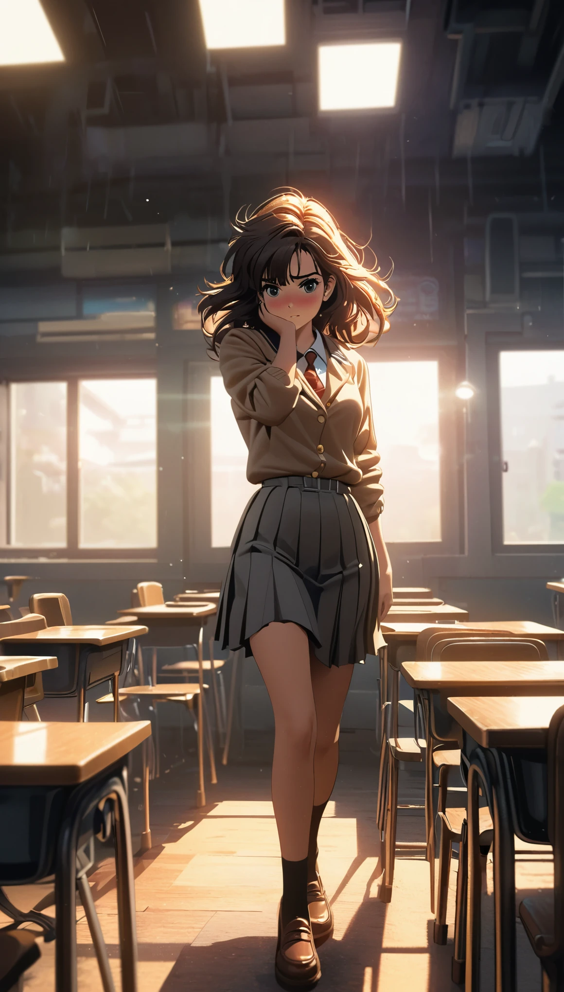 Comic city hunter style, beautiful girl,classroom,JK school uniform,Double tail,shy,colorful,Japanese cartoonist Tsukasa Hojo's style,depth of field,OC renderer,Movie lighting,Super fine,Super detailed,complex,cinematic perspective,CG art,