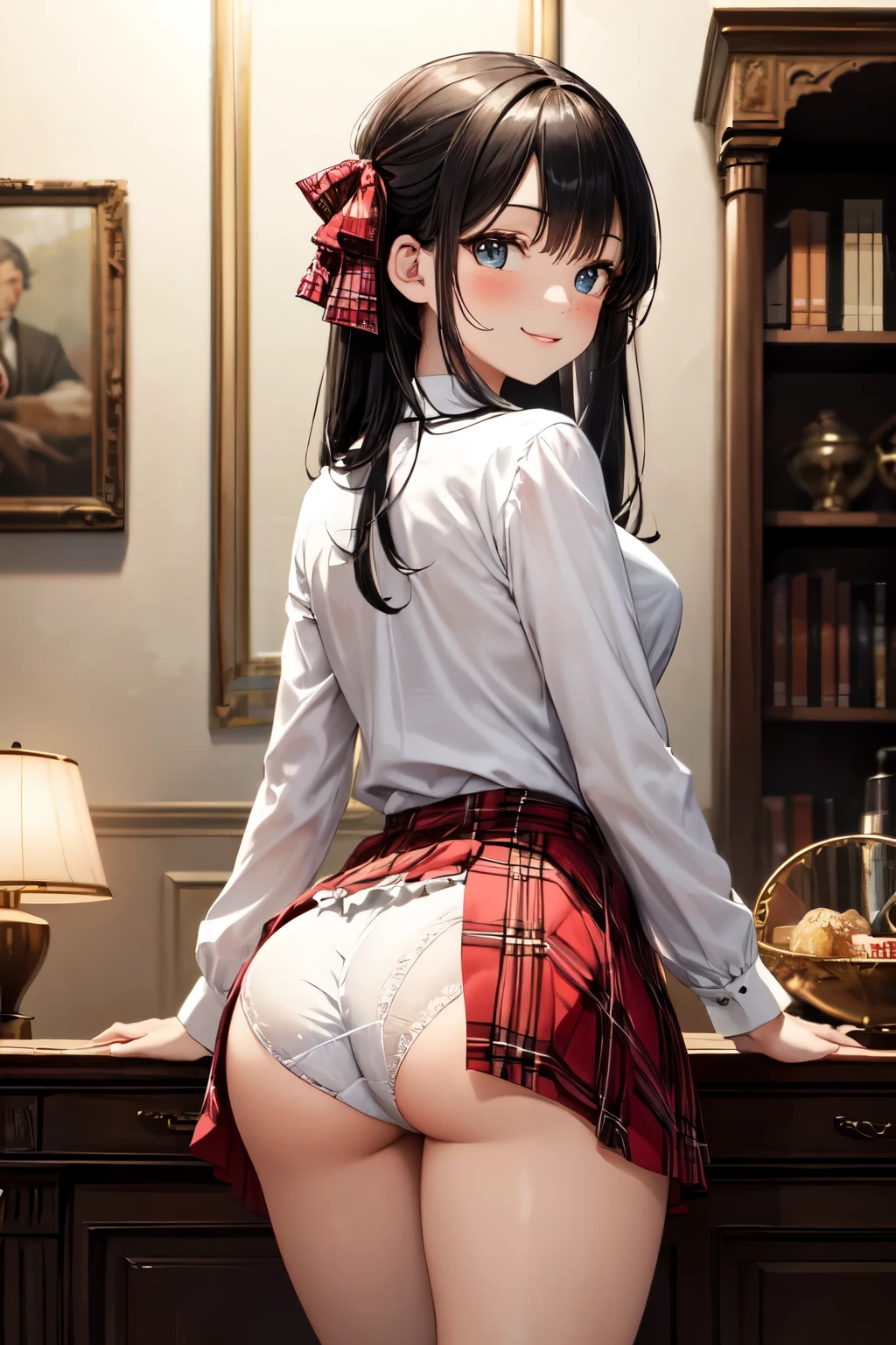 very cute and beautiful girl,(highly detailed beautiful face and eyes),(smile),blush,cowboy shot,
(white blouse with detailed frills),long sleeve BREAK
standing,(from behind,looking back),leaning forward,(white panties),looking at viewer,
hair ribbon,black hair,(scarlet plaid mini skirt:1.15)
BREAK antique living room,victorian gorgeous furnitures,
(best quality,masterpiece:1.0),absurdres,highres,ultra-detailed,extremely detailed,32k,8k resolution,
intricate details,cinematic scene,detailed background,solo,dynamic angle,