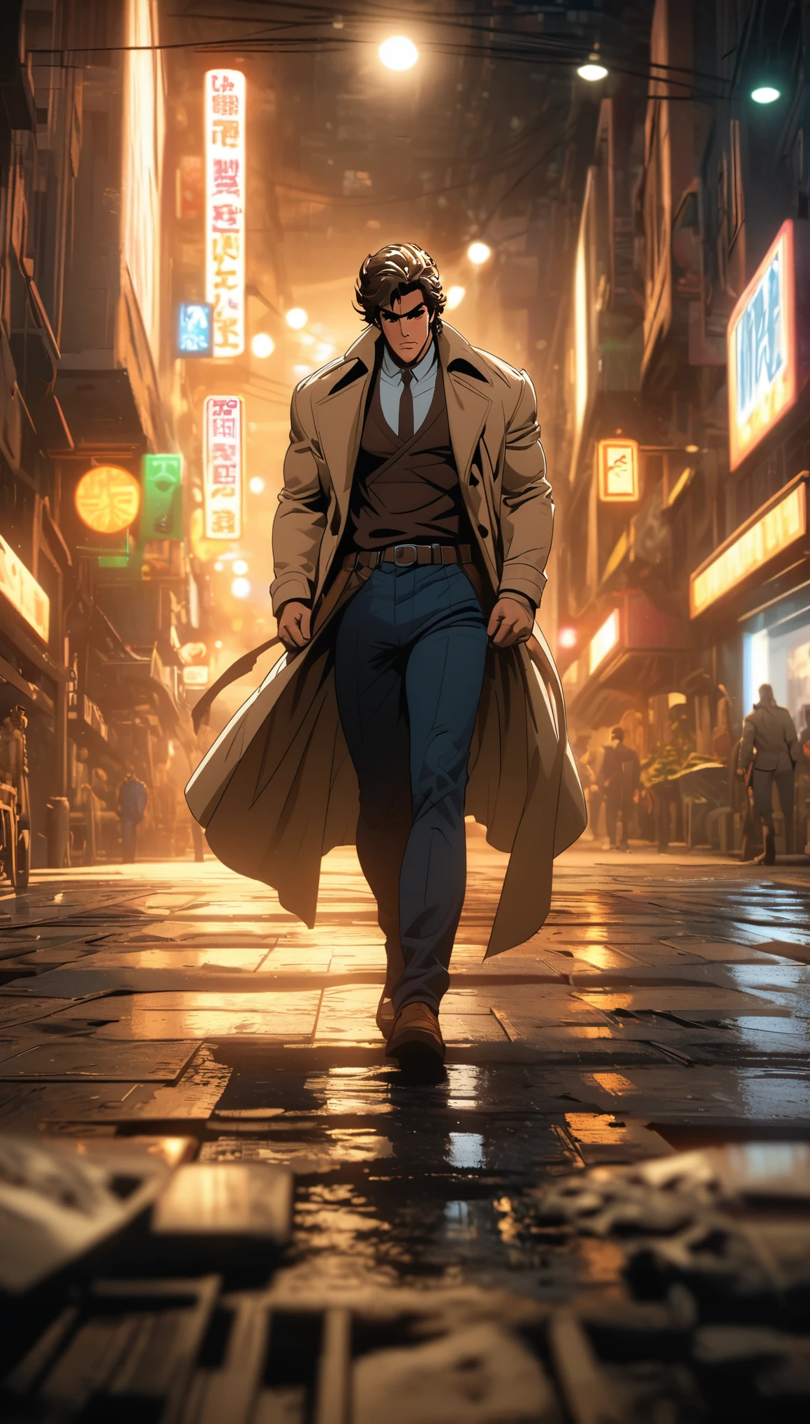 Comic city hunter style，30 year old handsome man，Beige long trench coat，colorful，Japanese cartoonist Tsukasa Hojo&#39;s style，depth of field，White background，OC renderer，Movie lighting，Super fine，Super detailed，complex，cinematic perspective，CG art，