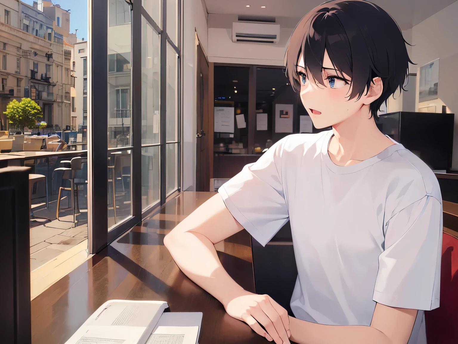 side angle, (looking away:1.5), masterpiece、highest quality、(25 year old male:1.5) and (black short hair) and (blue eyes), wearing a white T-shirt、smile、(sad:1.3), open mouth, The background is the interior of the cafe.、(Alone:1.5)、Are standing