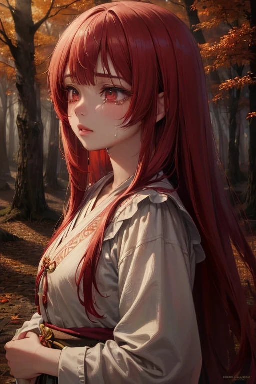 (a kisune girl),(red hair),(beautiful detailed eyes),(beautiful detailed lips),(longeyelashes),(crying),(traditional clothes),(mysterious),(forest theme),(vibrant colors),(magical atmosphere),(soft lighting),(realistic),(highres),(ultra-detailed),(anime),(emotion),(dramatic),(ethereal),(enchanted scenery),(autumn leaves)