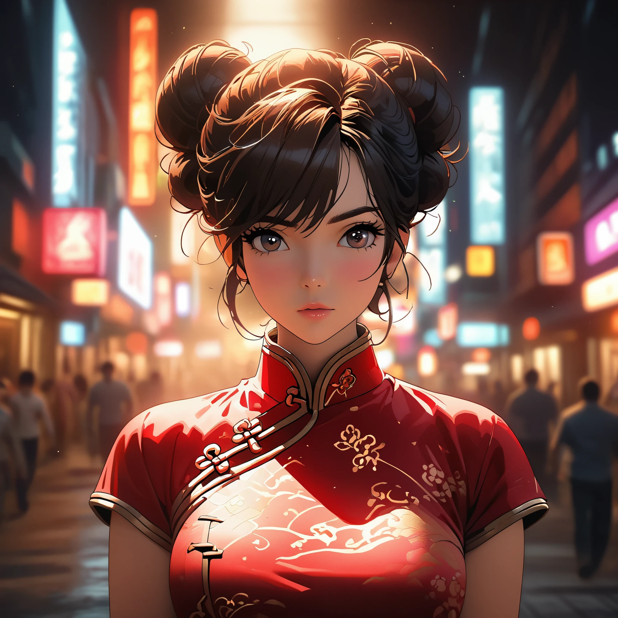 Comic city hunter style，25 years old beautiful woman，Red gold edge cheongsam，High bun，full body portrait，colorful，Japanese cartoonist Tsukasa Hojo&#39;s style，depth of field，OC renderer，Movie lighting，Super fine，Super detailed，complex，cinematic perspective，CG art，