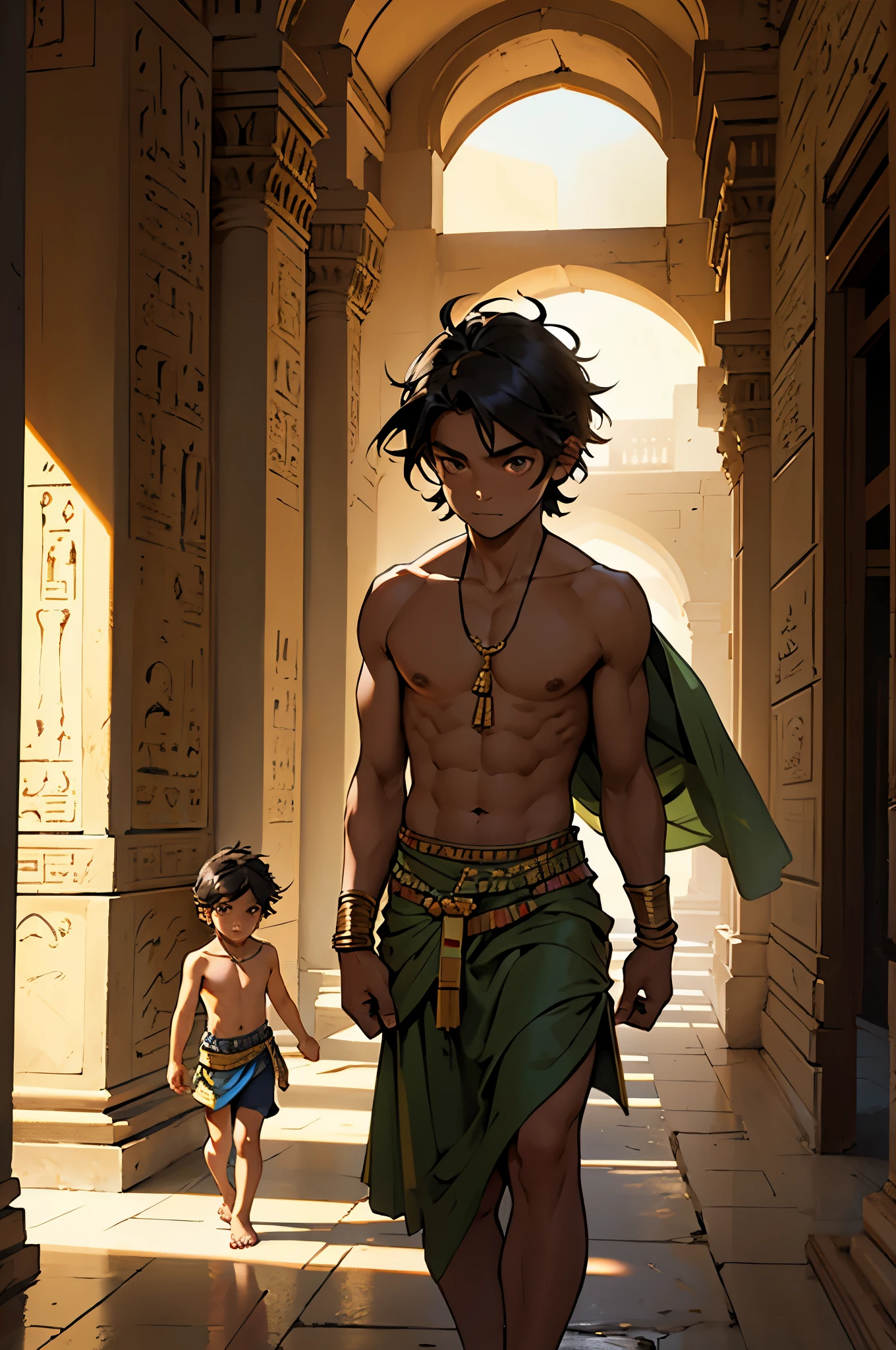There are halls and corridors of a luxurious Arab palace from ancient times and in the corridors there is a 5-year-old homeless boy, abandonado, pobre, hambriento, el tiene ojos muy verdes, He is shirtless with an ancient Egyptian skirt..,