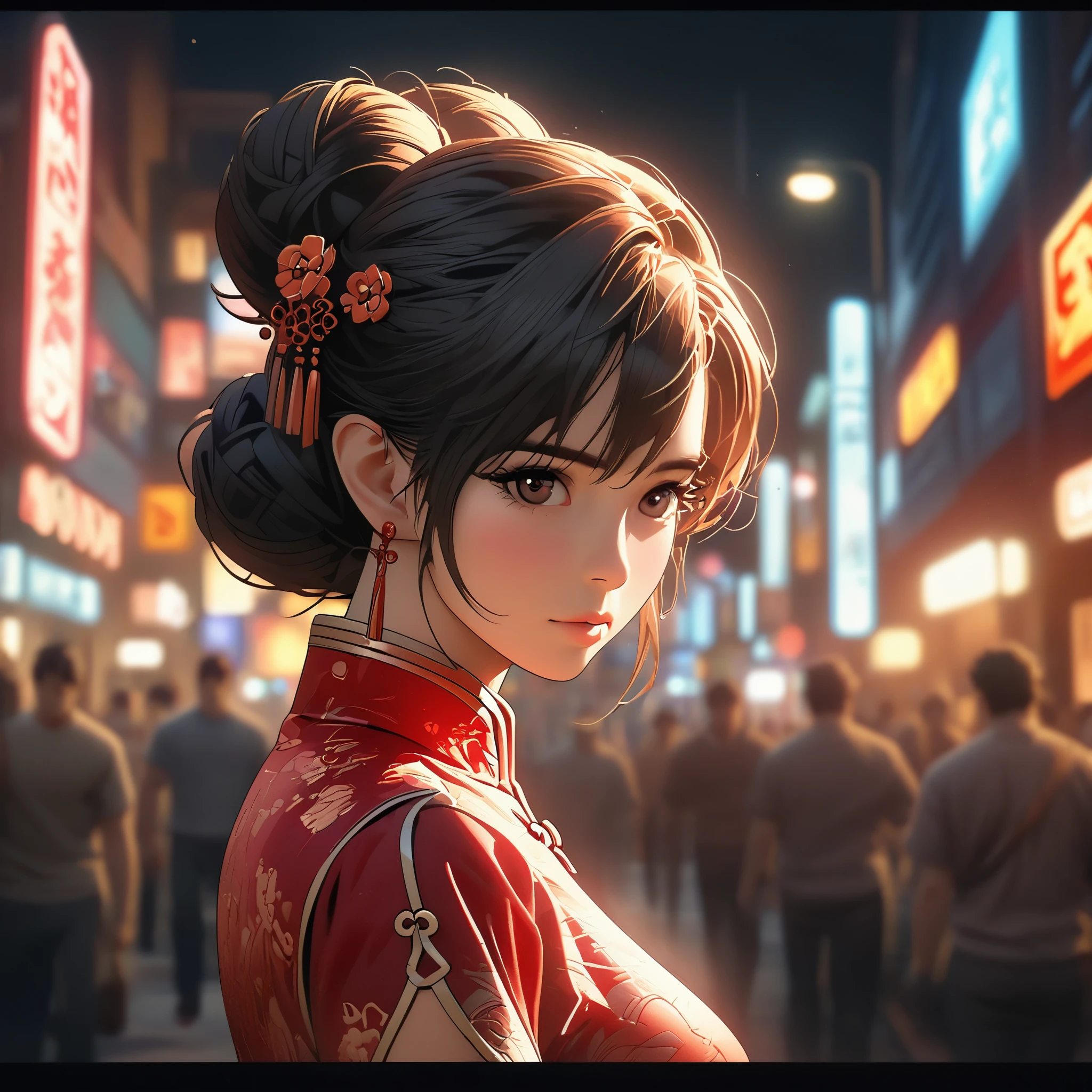 Comic city hunter style，25 years old beautiful woman，Red gold edge cheongsam，High bun，full body portrait，colorful，Japanese cartoonist Tsukasa Hojo&#39;s style，depth of field，OC renderer，Movie lighting，Super fine，Super detailed，complex，cinematic perspective，CG art，