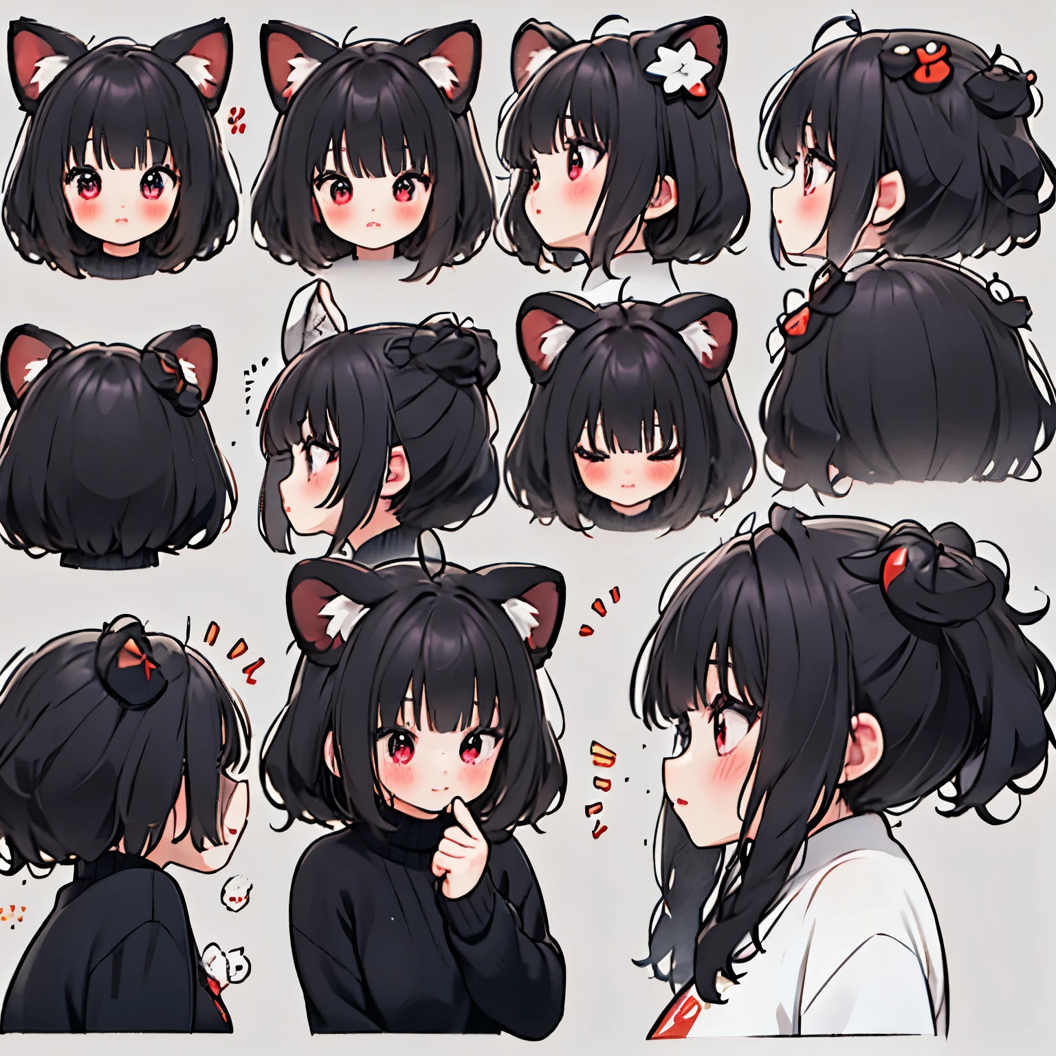 (9 emojis,hoja de emojis de,Alinear arreglo),9 poses y expresiones(se aflige,asombro,having fun,regocijado,gran risa,enojado,duda,Toca tu cabeza,Sell more, esperar),Fondo de pantalla CG unificado 8k extremadamente detallado, Fondo de pantalla 8KCG muy fino., absurdo, ,Mejor calidad ,ultra-detallado ,hermoso rostro ,obra maestra、Pantalla de cabeza a cintura、chica、de primera calidad(obra maestra), de primera calidad, ,((long hair slightly wavy slightly past the shoulders, black bangs, small black pigtails on the sides, cute cat ears, beautiful thin red eyes)),、kawaii