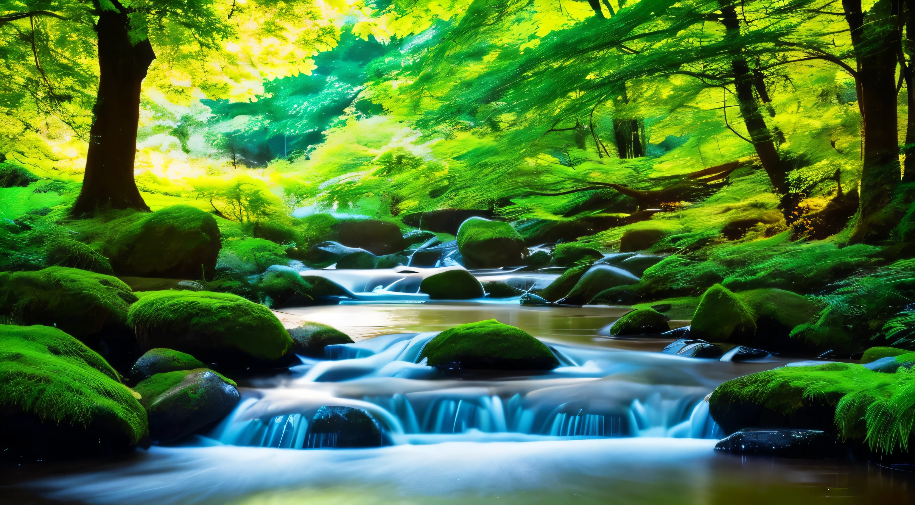 I took a photo of a peaceful moment spent in nature..。wood々Imagine a peaceful landscape bathed in soft morning light.。.。a gentle meandering stream、Surrounded by lush greenery。The overall atmosphere is calm and connected to the natural world.、Highlights the beauty and serenity of outdoor moments。