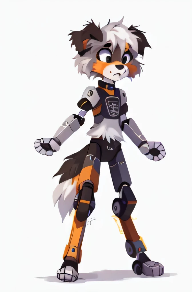 Beautiful illustration, white background, ((by reysi)), Furry, solo, fullbody, ((Australian Shepard)), white hair, ((teen)), ((male)), ((slender)), (nervous eyes, quivering frown, ear ring, choker, bandages), ((dynamic pose, looking down at legs, looking down,)) ((robot legs, cybernetic legs)),