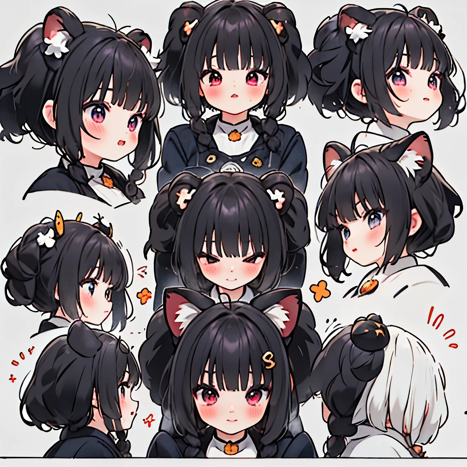 (9 emojis,hoja de emojis de,Alinear arreglo),9 poses y expresiones(se aflige,asombro,having fun,regocijado,gran risa,enojado,duda,Toca tu cabeza,Sell more, esperar),Fondo de pantalla CG unificado 8k extremadamente detallado, Fondo de pantalla 8KCG muy fino., absurdo, ,Mejor calidad ,ultra-detallado ,hermoso rostro ,obra maestra、Pantalla de cabeza a cintura、chica、de primera calidad(obra maestra), de primera calidad, ,((long hair slightly wavy slightly past the shoulders, black bangs, small black pigtails on the sides, cute cat ears, beautiful thin red eyes)),、kawaii