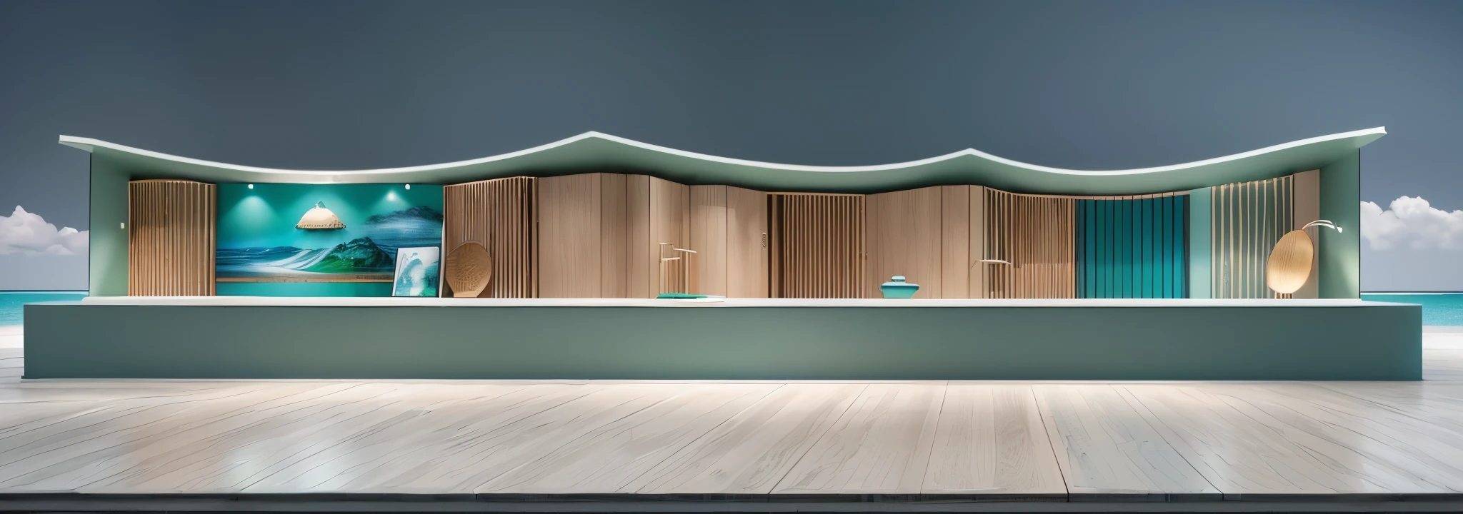 chinese booth 3d rendering, o keremeanu national festival, white walls, blue-green tones, round glass windows, traditional maori design, chinese hanging, brand logo, minimal chinese panels, ocean waves, rendered in cinema4d, miwa komatsu, print ads, high contrast shadows