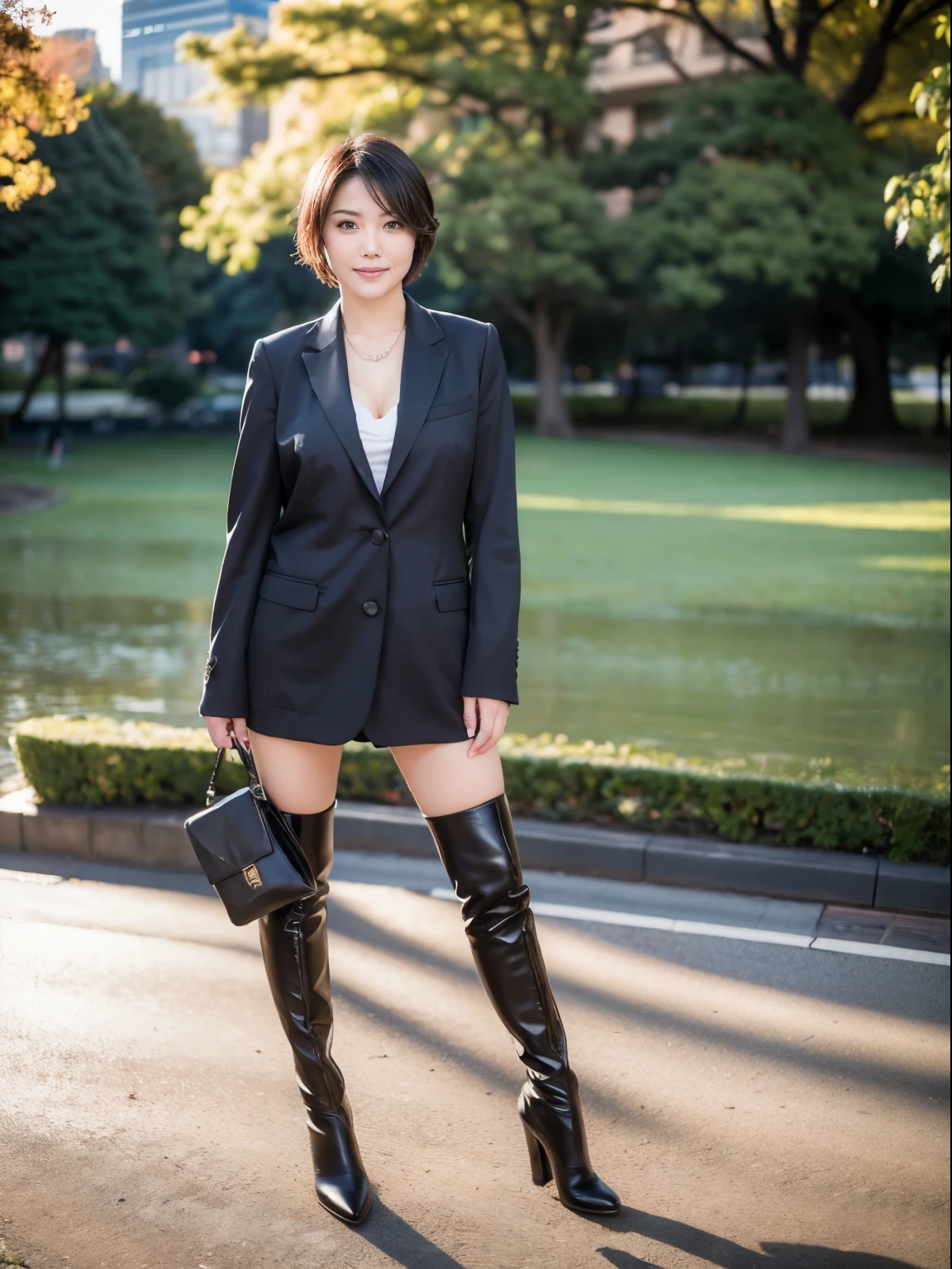 (Raw photo:1.2), (realistic:1.4),beautiful detailed woman,非常にfine eyesと顔, fine eyes, Super detailed,High resolution, very detailed,highest quality,enlightenment,unified,8k wallpaper,masterpiece,highest quality,1 female,alone,rich,Full body Esbian,(Slightly chubby body type:0.8),thick legs,alone,（suit:1.4),(knee high boots:1.2)、(I have a business bag:1.4）,jewelry, necklace ,short hair,gentle smile,dignified atmosphere,black eye,realistic,Hibiya Park , (morning park:1.1),(stand upright：1.4）,(go to work:1.2)