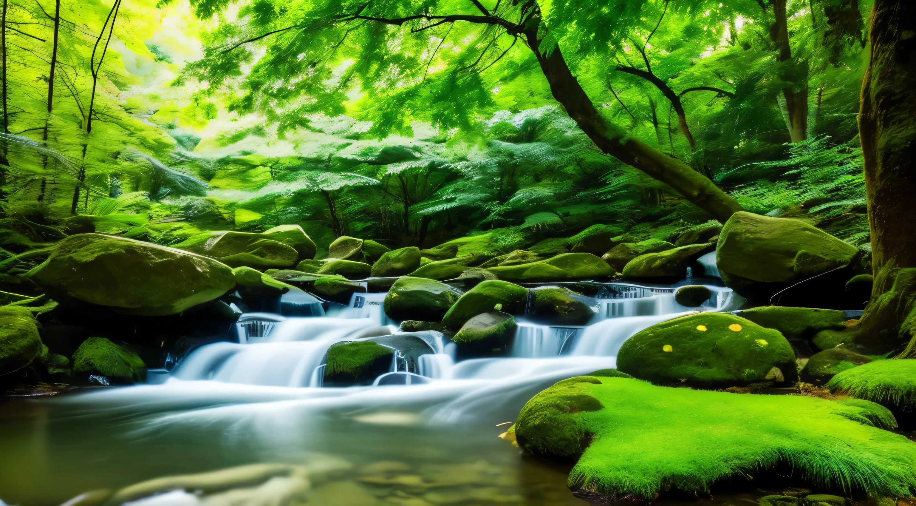 I took a photo of a peaceful moment spent in nature..。wood々Imagine a peaceful landscape bathed in soft morning light.。.。a gentle meandering stream、Surrounded by lush greenery。The overall atmosphere is calm and connected to the natural world.、Highlights the beauty and serenity of outdoor moments。