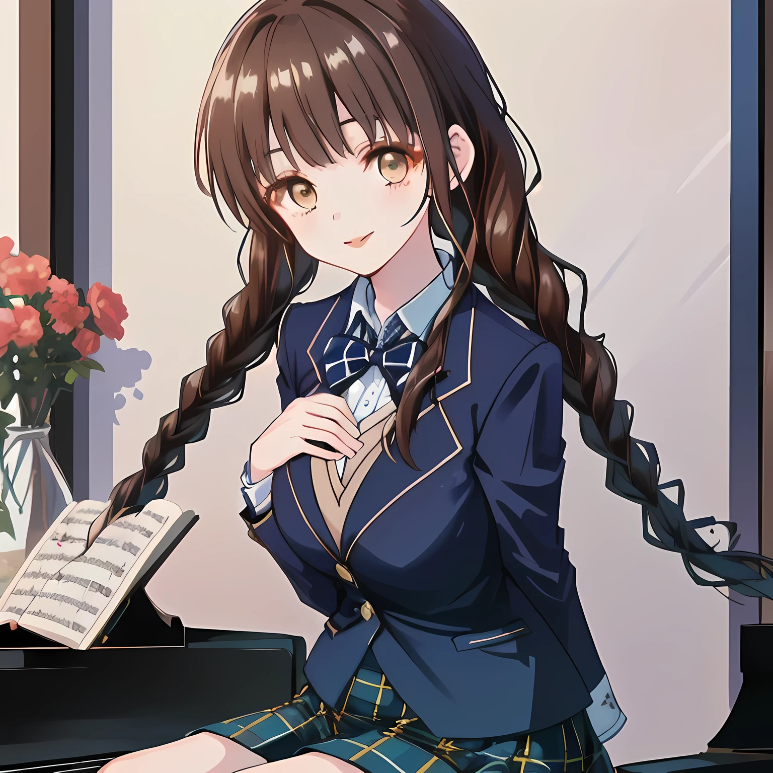highest quality, (masterpiece:1.2), High resolution, perfect pixel, One so beautiful woman is standing, , (((big very detailed beautiful dark brown eyes))), ((girly large wine-red glossy polyester Japanese school ribbon bow tie)), (((beautiful twin braids hair))), ((((dark blue & deep navy colored tartan checkered formal skirt)))), ((A formal dark blue blazer that is slightly larger and has a gold emblem on the left chest that feels like the texture of the cloth.)), Watching the viewer and laughing, Very fun, Very happy, mouth is open, the skirt is so cute, detailed fingers, modest chest, curled bangs, ((Lip balm)), so beautiful, long eyelashes, ((Skirt and bow tie is photo realistic)), ((The background is a music room with a piano.)), Appeal to viewers, big long girly hair ribbons, Impressive and very beautiful eyes, Photographed from the front, double eyelids, The entire skirt is photographed