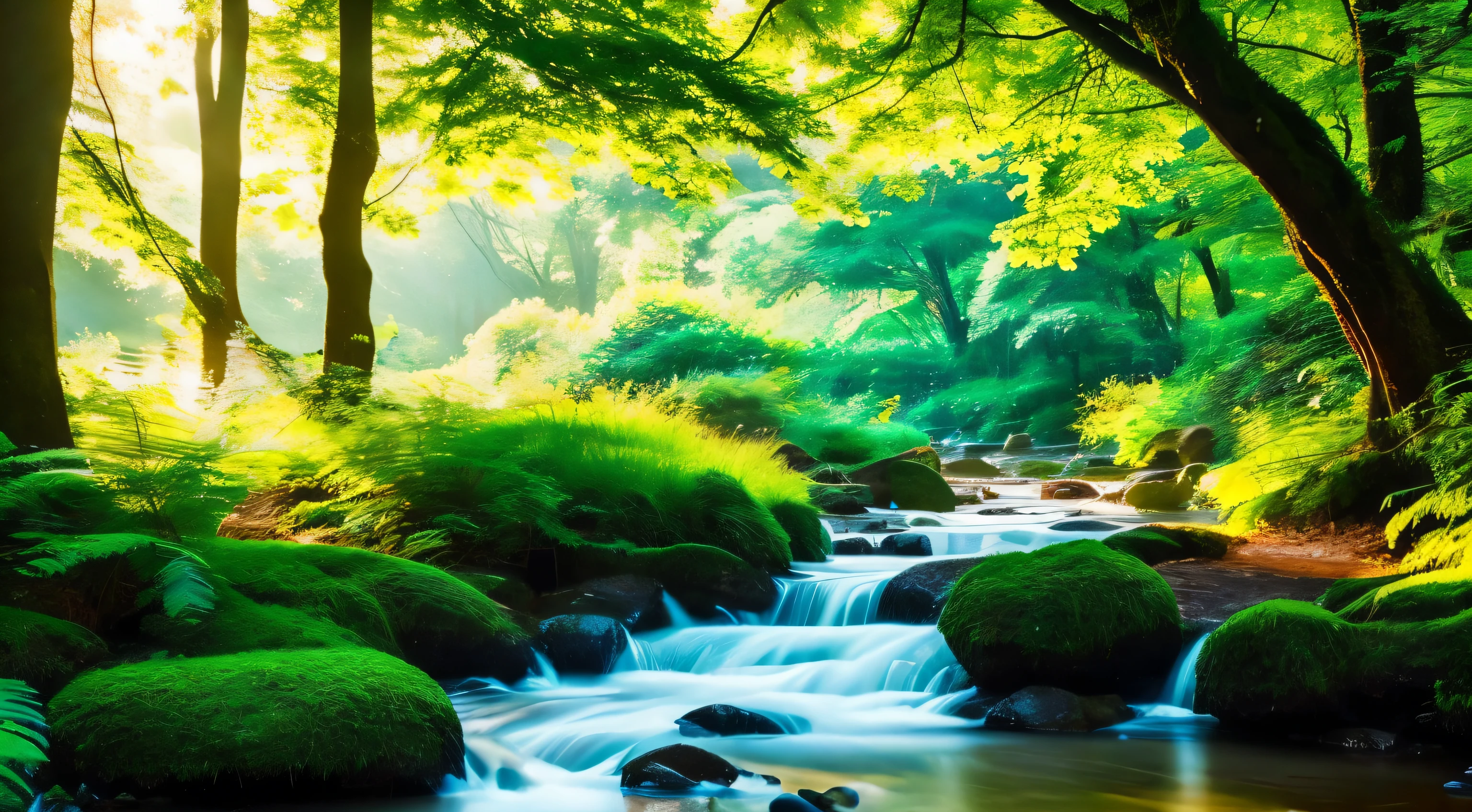 I took a photo of a peaceful moment spent in nature..。wood々Imagine a peaceful landscape bathed in soft morning light.。.。a gentle meandering stream、Surrounded by lush greenery。The overall atmosphere is calm and connected to the natural world.、Highlights the beauty and serenity of outdoor moments。