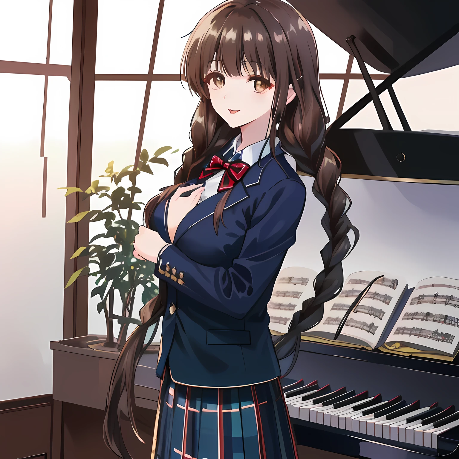 highest quality, (masterpiece:1.2), High resolution, perfect pixel, One so beautiful woman is standing, , (((big very detailed beautiful dark brown eyes))), ((girly large wine-red glossy polyester Japanese school ribbon bow tie)), (((beautiful twin braids hair))), ((((dark blue & deep navy colored tartan checkered formal skirt)))), ((A formal dark blue blazer that is slightly larger and has a gold emblem on the left chest that feels like the texture of the cloth.)), Watching the viewer and laughing, Very fun, Very happy, mouth is open, the skirt is so cute, detailed fingers, modest chest, curled bangs, ((Lip balm)), so beautiful, long eyelashes, ((Skirt and bow tie is photo realistic)), ((The background is a music room with a piano.)), Appeal to viewers, big long girly hair ribbons, Impressive and very beautiful eyes, Photographed from the front, double eyelids, The entire skirt is photographed