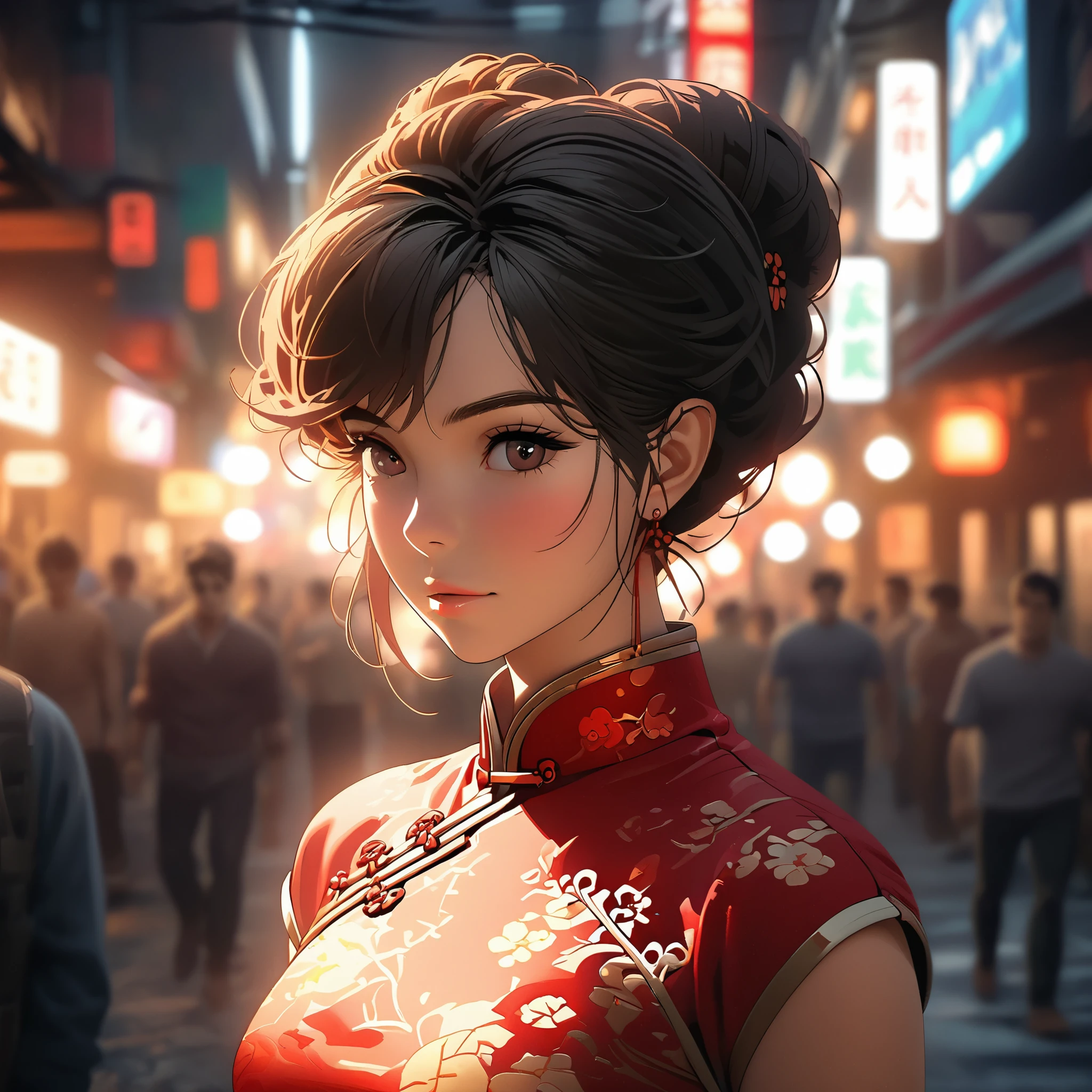 Comic city hunter style,25 years old beautiful woman,Red gold edge cheongsam,High bun,full body portrait,colorful,Japanese cartoonist Tsukasa Hojo's style,depth of field,OC renderer,Movie lighting,Super fine,Super detailed,complex,cinematic perspective,CG art,