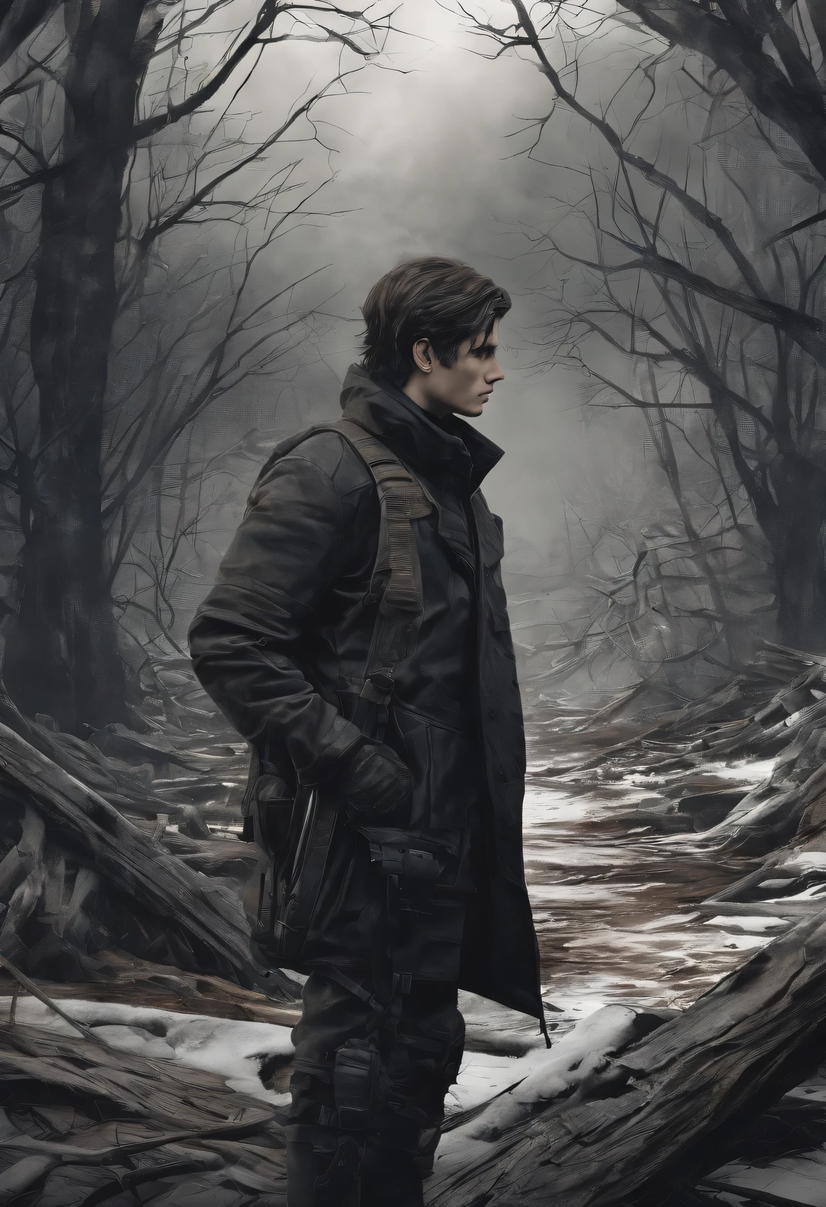un jeune homme, bois sombre, teleport, drone ,