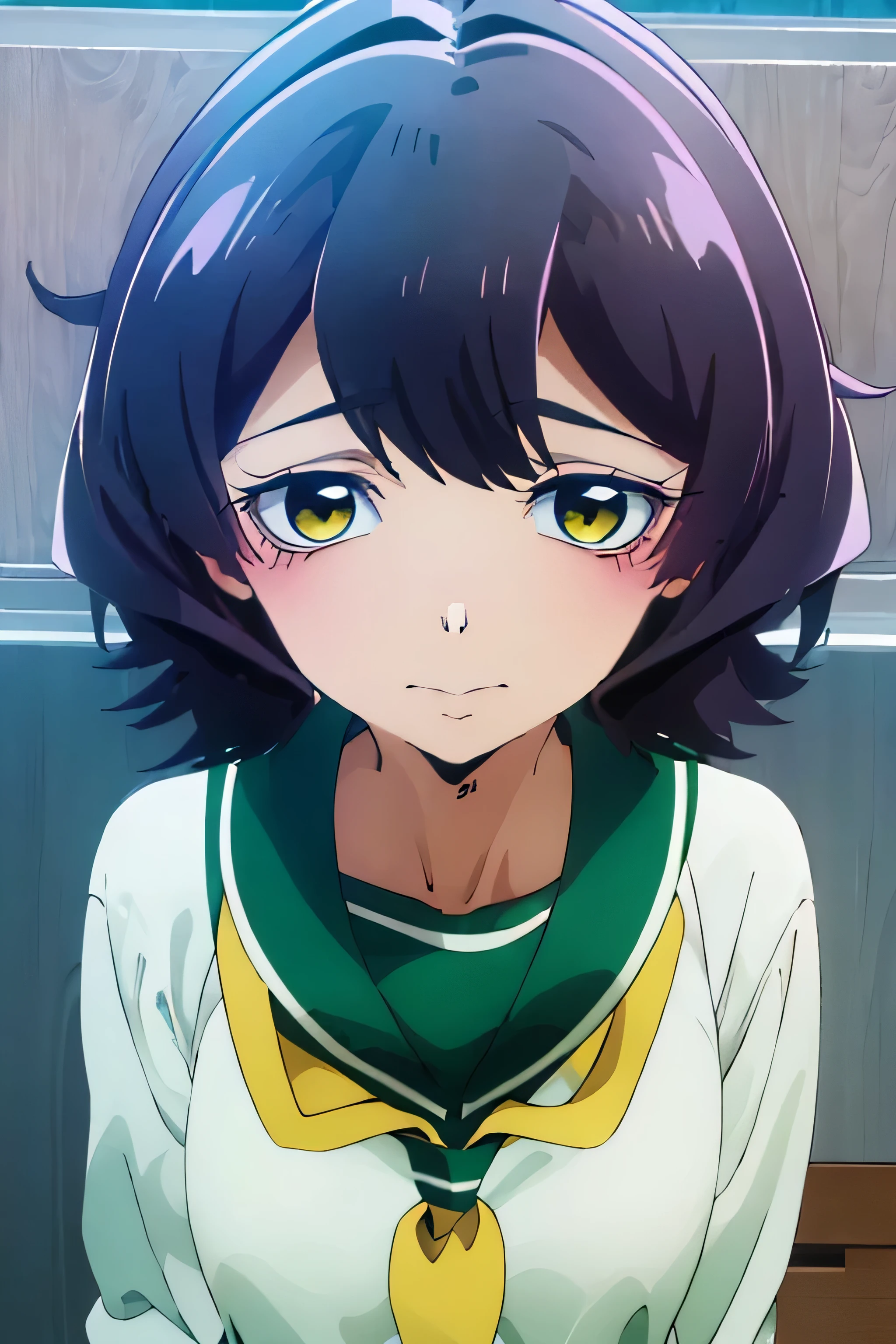 anime style illustration, highest quality, girl 1, solo, close up of face, date side by side, looking at the camera, (eye color yellow), honeycomb, smile, field, young girl, (sailor suit, white uniform, green collar) purple hair, short bob hair, shame, shyness, dye one&#39;s cheeks, small breasts, small breasts, slimmed body