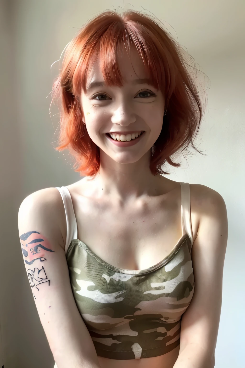 the most beautiful 16 year old tattoed emo redhead woman in the world naked. ultra realistic face, full body picture, with a little smile