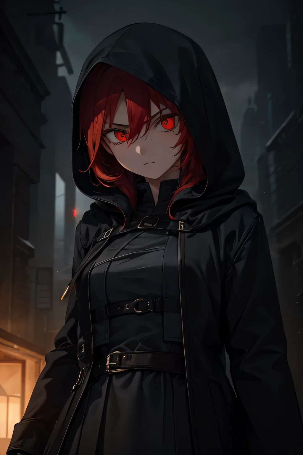 Best quality, realistic, a girl with red hair and detailed eyes and face, lightning bolts around, with luminours red glowing eyes, wearing a black dress, with a black overcoat, and a person with a black hood over their head. The scene depicts a huntress inspired by the style of Van Helsing. The background is a dark, mysterious setting with dimly lit streets and fog. The colors are rich and vibrant, with a dark and moody color palette. The lighting is dramatic, casting long shadows and highlighting the girl's determined expression. The overall image should have a cinematic and thrilling atmosphere, capturing the essence of a fierce and skilled huntress in action.
