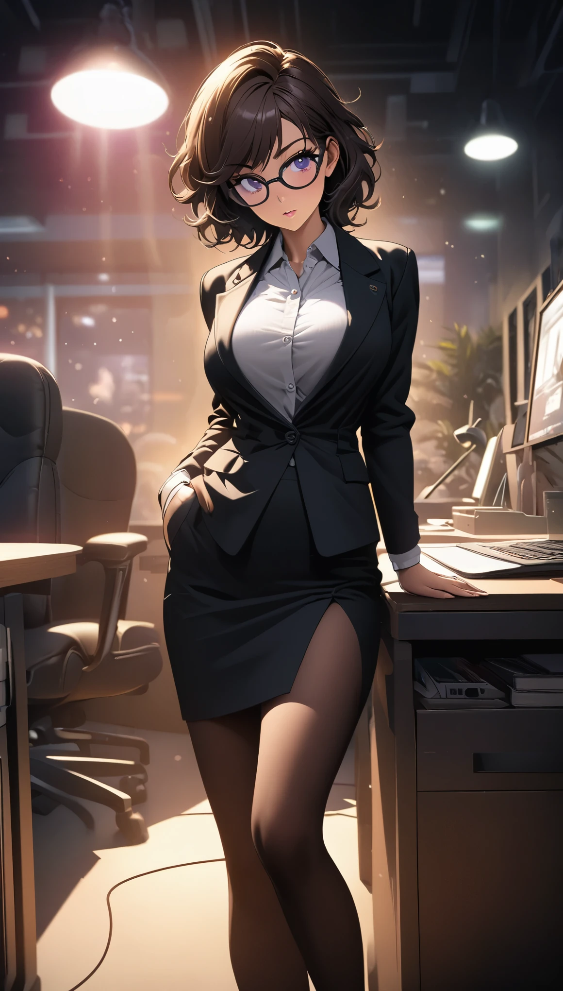 Comic city hunter style，25-year-old beautiful secretary leaning on the desk in the office，full breasts，Wear black-rimmed glasses，business suit，black stockings，High heel，front，Horizontal viewing angle，colorful，Japanese cartoonist Tsukasa Hojo&#39;s style，depth of field，White background，OC renderer，Movie lighting，Super fine，Super detailed，CG art，