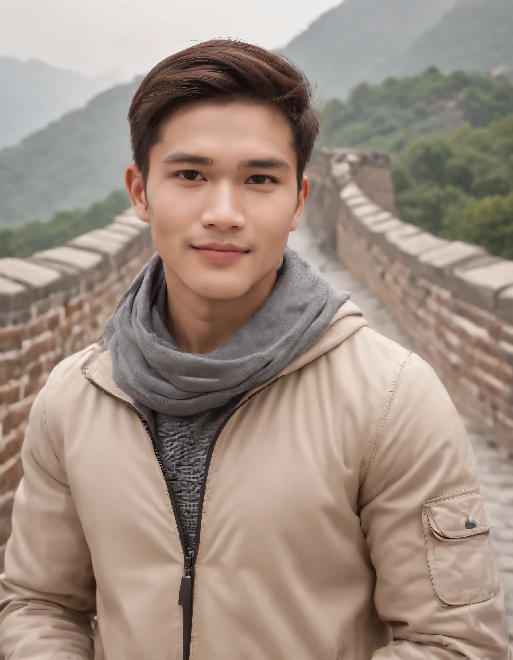 Generate IMG, ((8K, RAW Photo, Photography, Photorealistic, Highest Quality, Intricate Details)), of A 25 year old Indonesian man (light white skin, Ideal body, fit body, medium hair, wearing brown winter jacket ), embracing a 25 year old beautiful indonesian woman (with white hijab, ice white winter jacket), they smile facing the camera, standing in the chinese great wall, cloudy, 800mm lens, realistic , hyperrealistic, photography, professional photography, deep photography, ultra HD, very high quality, best quality, mid quality, HDR photo, focus photo, deep focus, very detailed, original photo, original photo, ultra sharp, nature photo, masterpiece, award winning, shot with hasselblad x2d