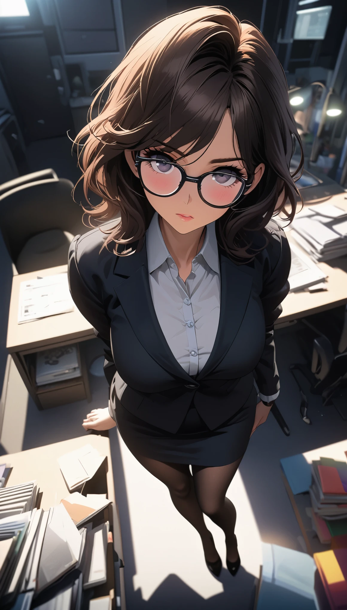 Comic city hunter style，25-year-old beautiful secretary leaning on the desk in the office，full breasts，Wear black-rimmed glasses，business suit，black stockings，High heel，front，Horizontal viewing angle，colorful，Japanese cartoonist Tsukasa Hojo&#39;s style，depth of field，White background，OC renderer，Movie lighting，Super fine，Super detailed，CG art，