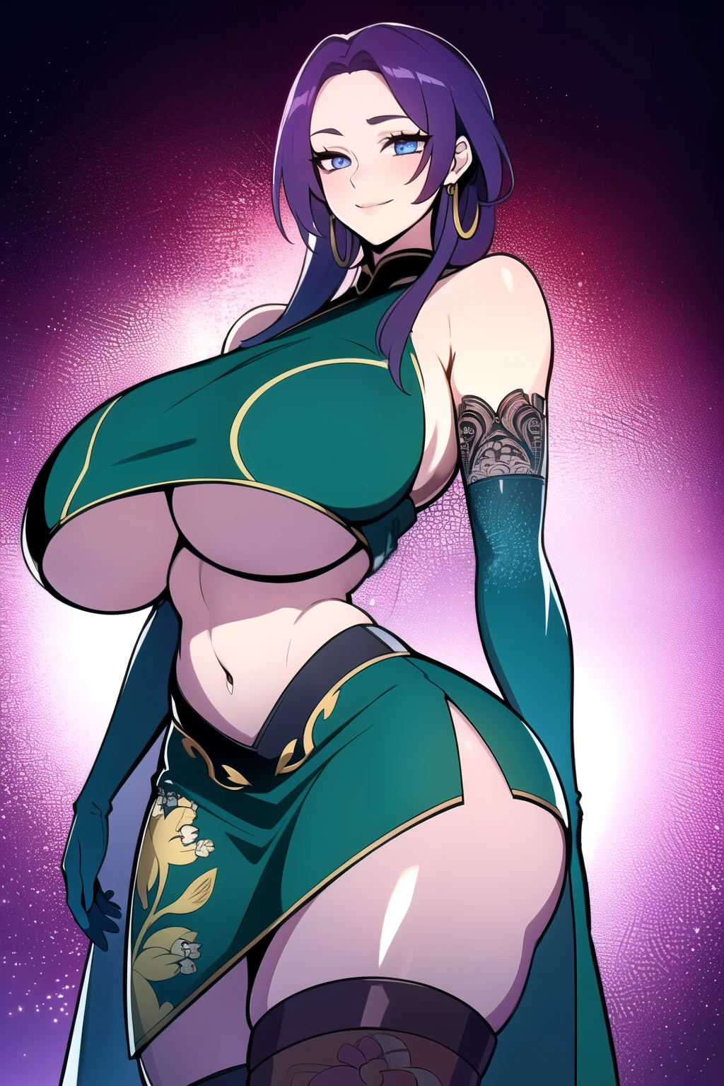 ultra realistic 8k cg, masterpiece, (( intricate detail, highly detailed, fine details best quality, hyperdetailed face)), gigantic breasts ,beautiful lighting, absurdres, BoaHancockV2, 1girl, solo, Purplish Blue hair, long hair, jewelry, closed mouth, ), (chinese dress, (underboob : 1.4), elbow gloves, thigh boots, split skirt, bare shoulders, curvy, midriff, curvy, thighs, shiny clothes), blue eyes, (complex detailed background, inside, luxury palace), ((cowboy shot)), curvy, (gigantic breasts: 1.1), seductive smile, cowboy shot,