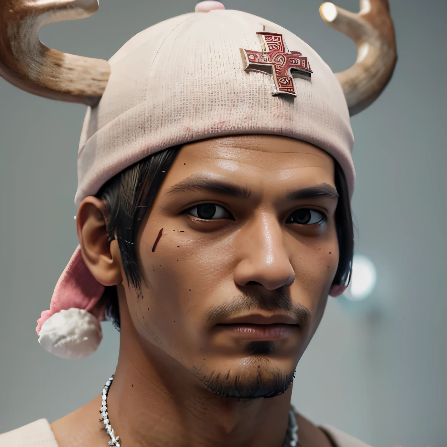 Tony-Tony Chopper from One Piece in a realistic 3D version with detailed skin texture, ultra-sharp focus, and 12k resolution, featuring his pink hat with a white cross and reindeer horns on the sides.