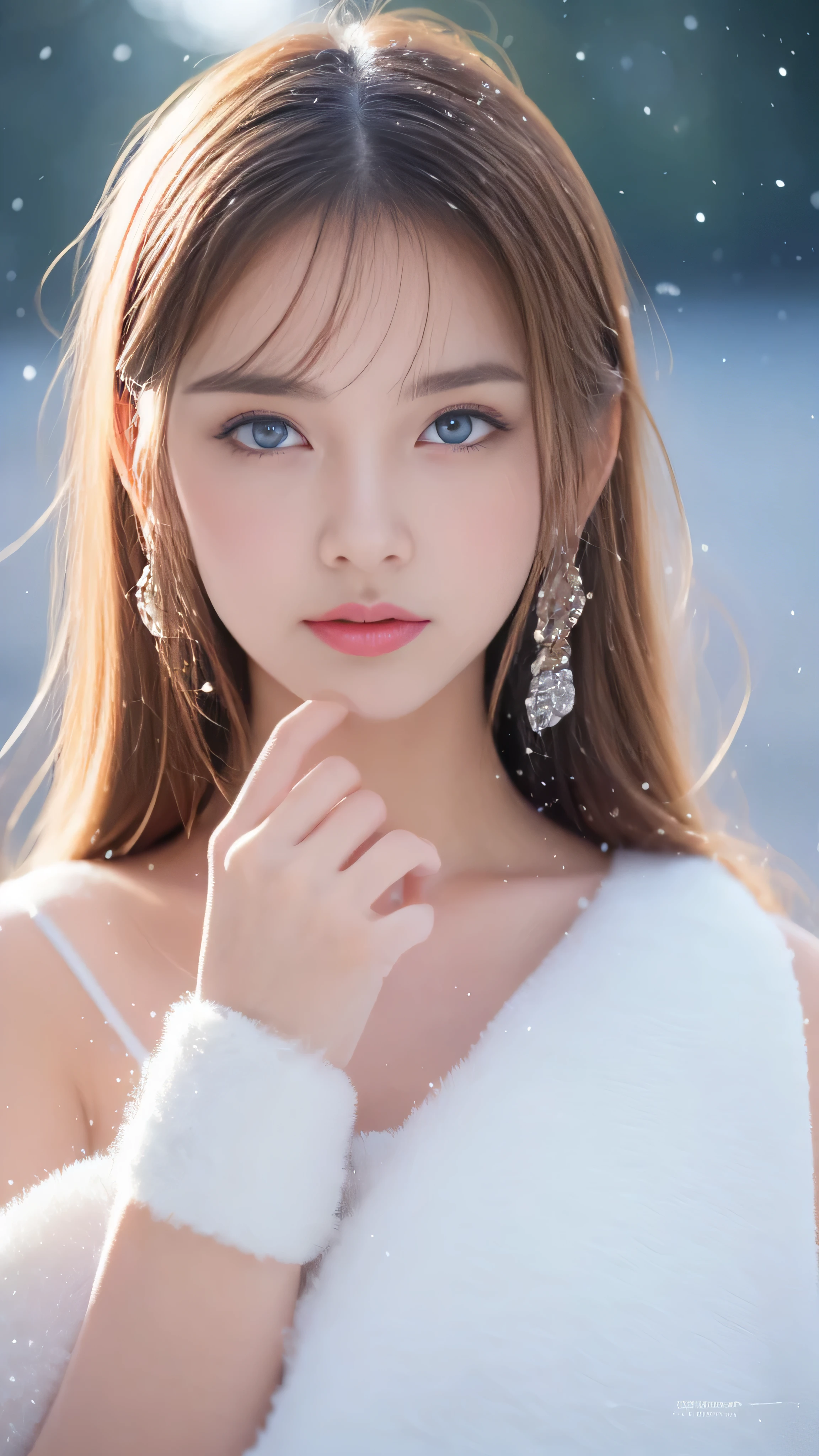 (highest quality, 8k, 32K，details are very clear),realistic, High resolution, 1 Japanese women, alone, (lolita costume)，luxurious costume，facing the audience，(Upper body，upper limbs)， beautiful eyes, brown hair, ring-shaped eyes, (outside，heavy snowfall，thick fur cape，cover with snow)，snowfield，blue eyes，highest qualityのイラスト，detailed facial features