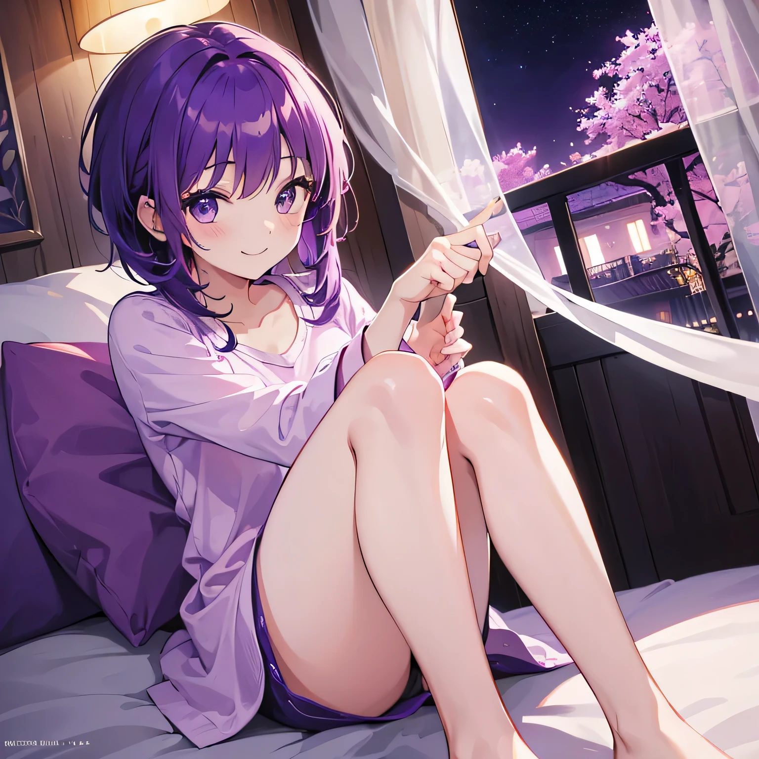 (T Masterpiece，4k wallpaper，best quality))、((girl１people))、(solo)、Shining and vivid，(purple hair)、(shortcut:1.3)、smile、Bedroom、pajamas、night